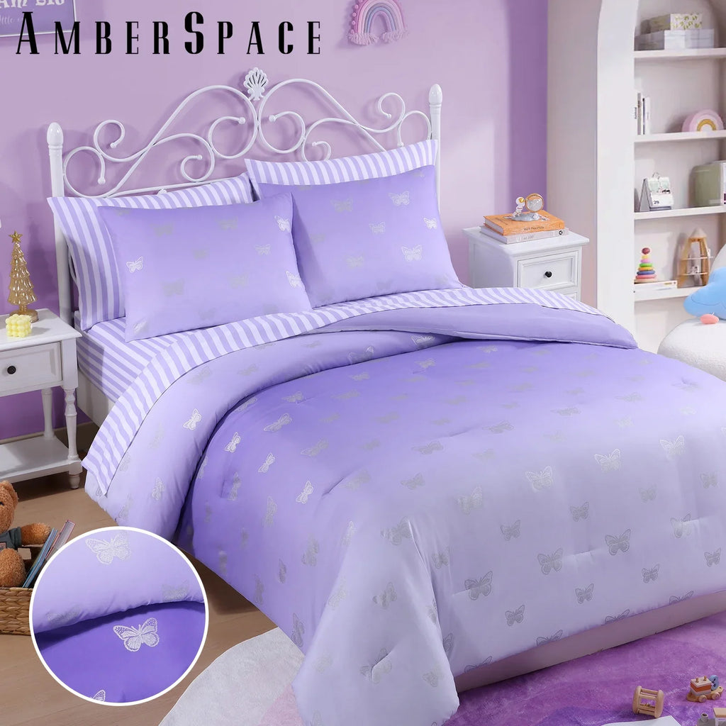 All-Season gold foil Design 7-piece Bed in a Bag Comforter Set with Sheets,Purple/Silver Butterflies,Full - Cloud-Like Soft Lightweight Bed Comforter Detail