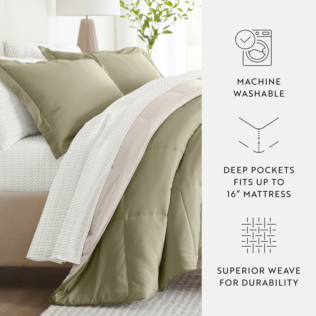All-Season 5 Piece Bedding Bundle, Reversible Comforter and Patterned Sheet Set, Twin - Luxurious Quilted Duvet Cover Set Detail
