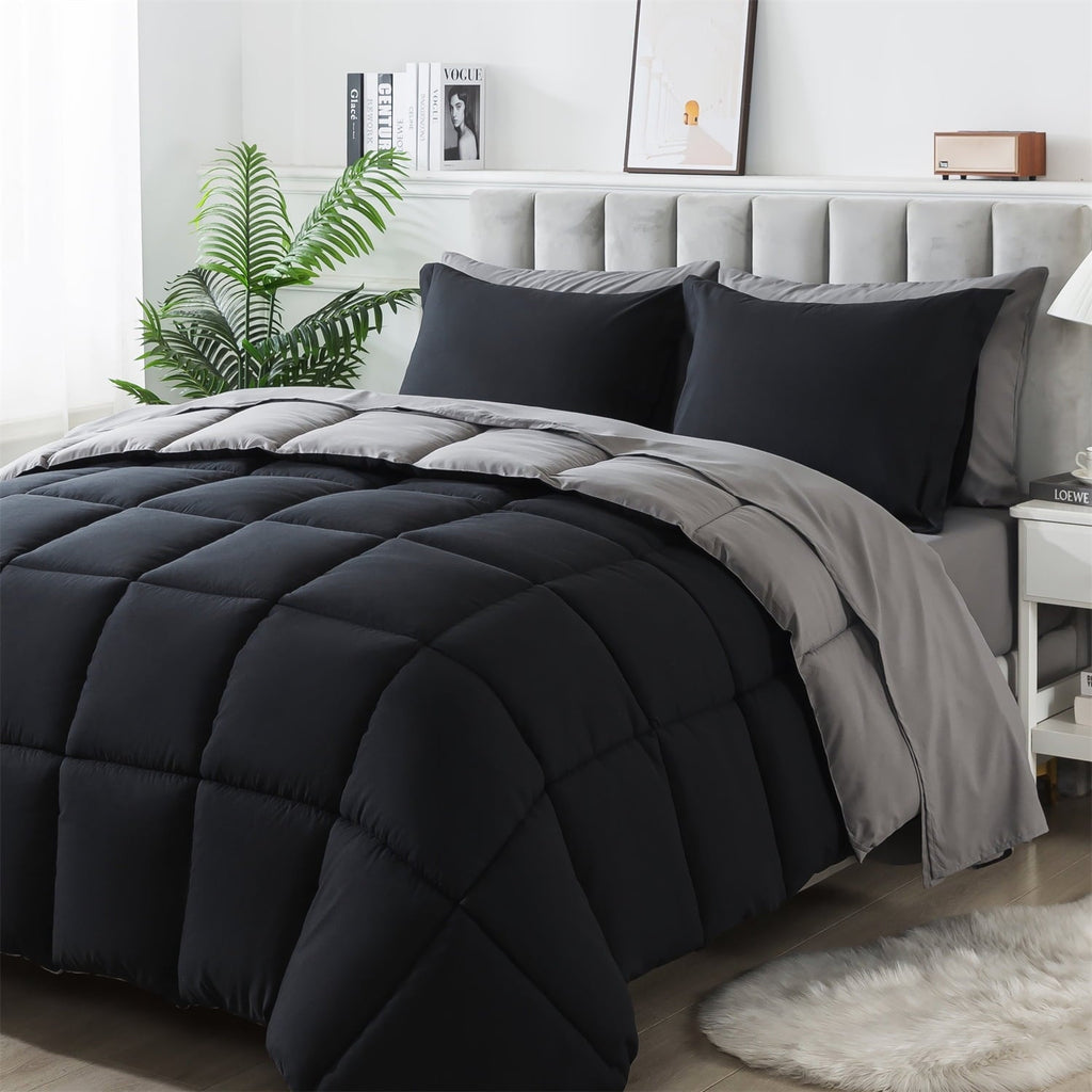 Fluffy Down Alternative Queen Size 7 Piece Comforter Set | Bed in a Bag for Unisex Adult | Black/Gray - All-Season Down Alternative Comforter Insert Detail