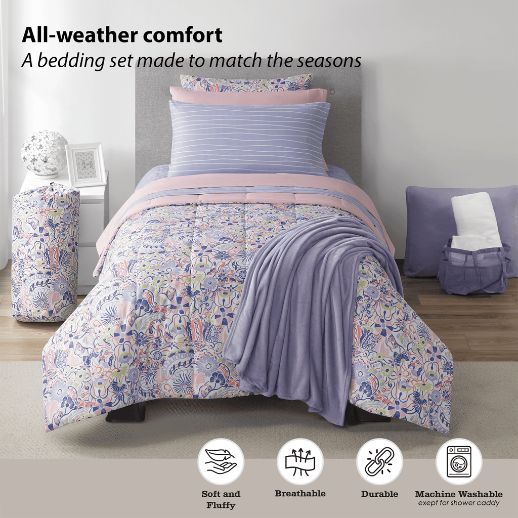 Heavyweight Warmth 14pc College Dorm Essentials Bundle, Twin-XL, Reversible Bed in a Bag Comforter Set, Purple Floral - Cloud-Like Soft Lightweight Bed Comforter Detail