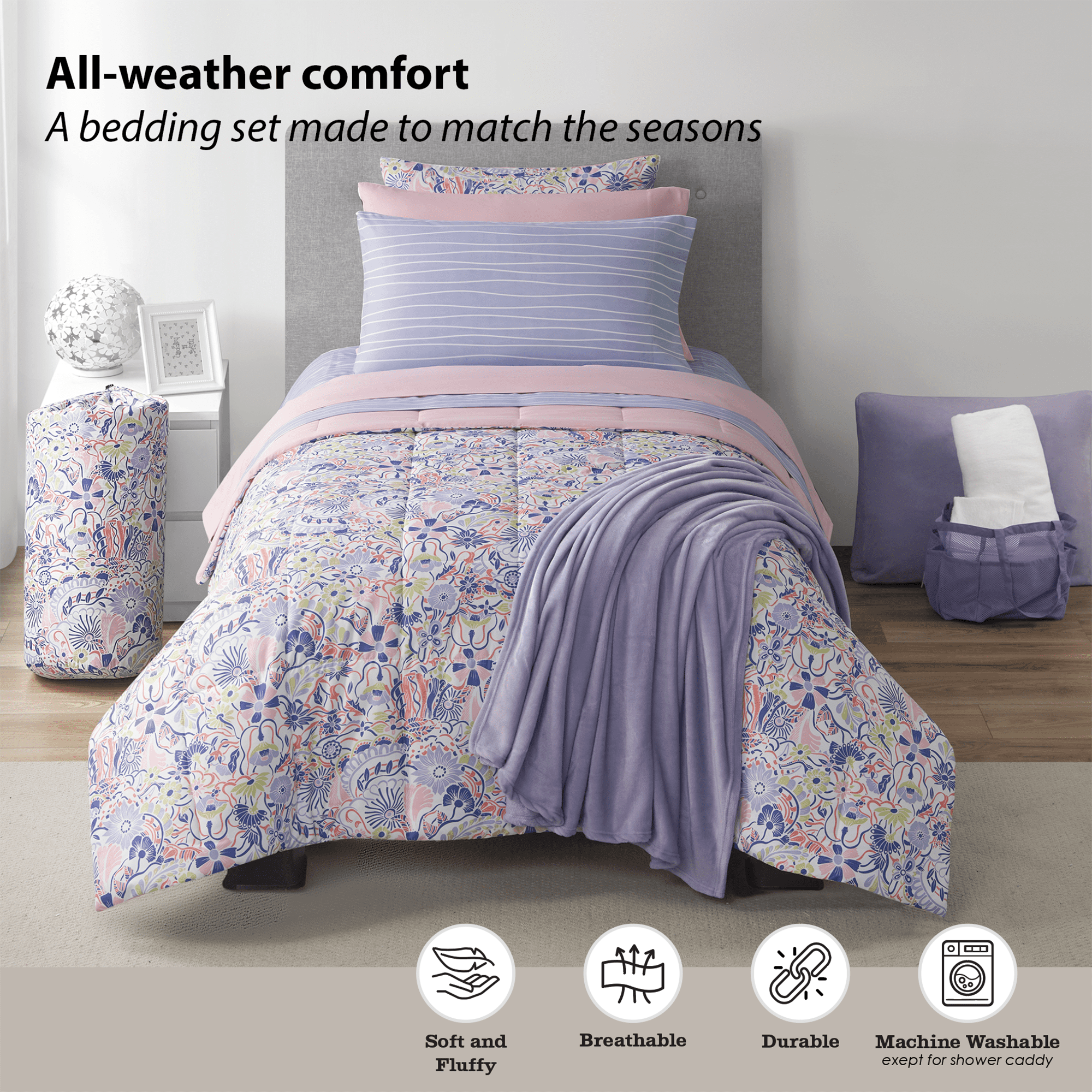 Heavyweight Warmth 14pc College Dorm Essentials Bundle, Twin-XL, Reversible Bed in a Bag Comforter Set, Purple Floral - Cloud-Like Soft Lightweight Bed Comforter Detail