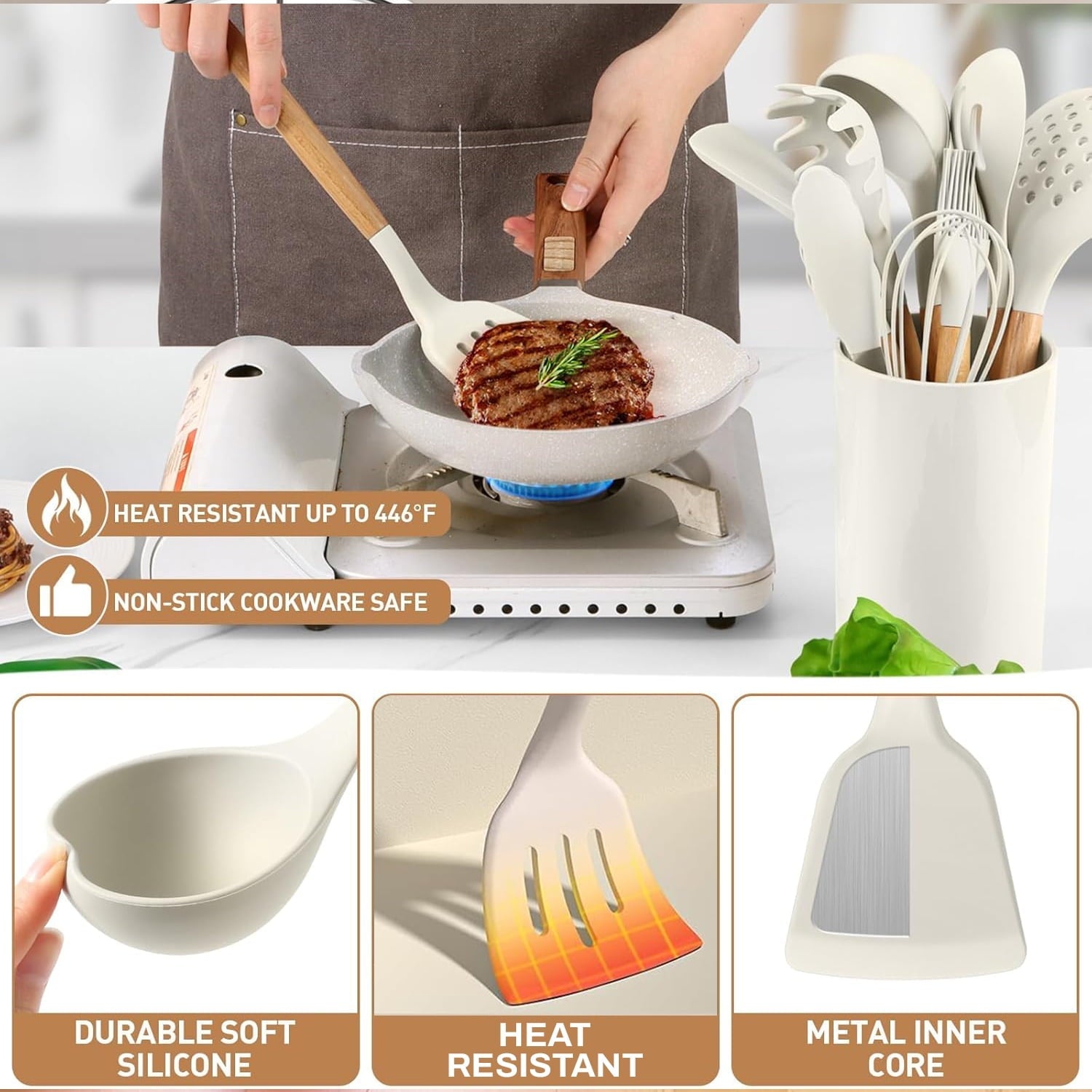 Non-Stick Safe Cooking Utensils Set, 12 packs Non-Stick Silicone Cooking Kitchen Utensils Spatula Set with Wooden Handles and... - Heat-Resistant Silicone Cooking Spatula Turner Detail