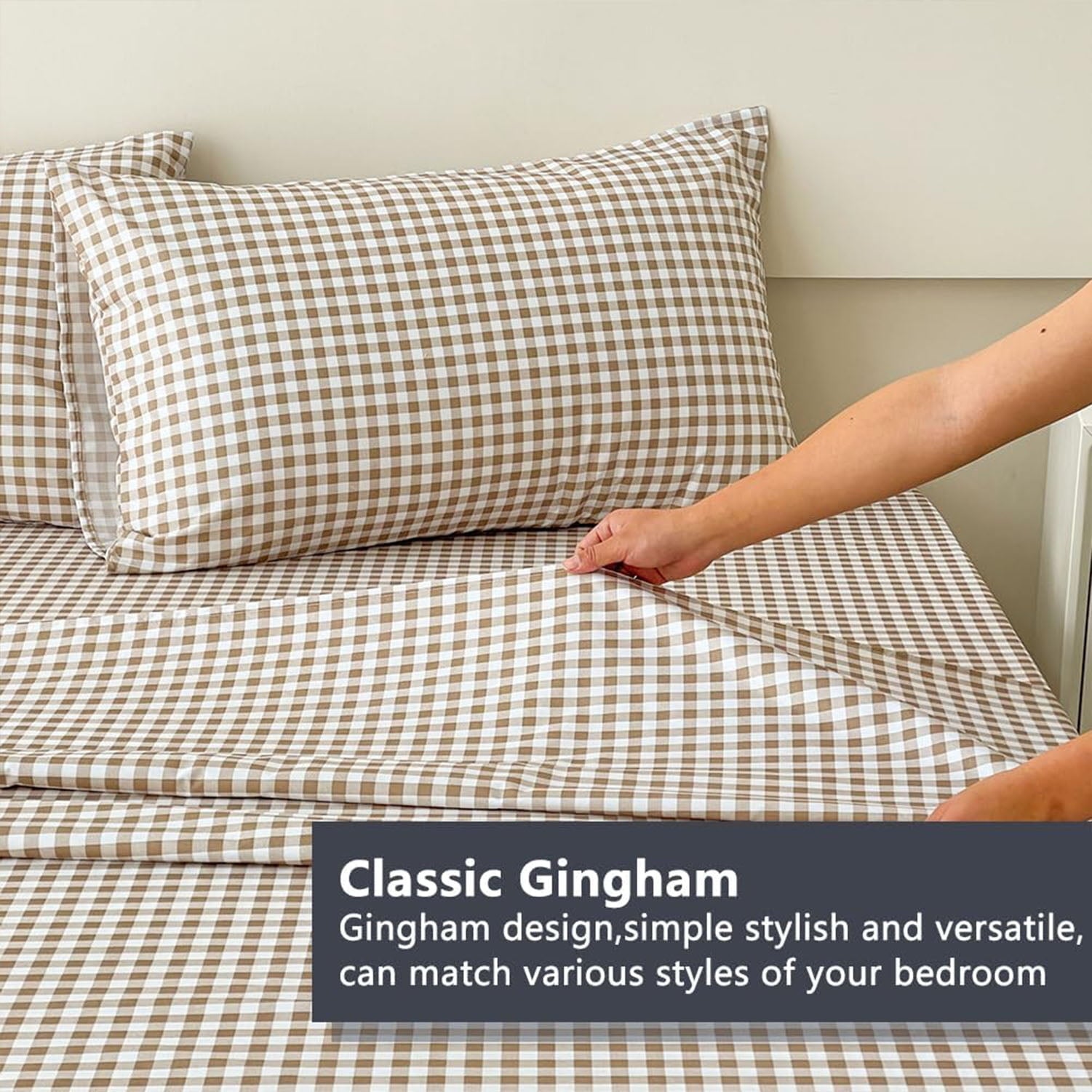 Cooling Sateen Sheet Set, Soft Brushed Microfiber Taupe Plaid Sheets, 4-Piece Brown Grid Set with Deep Pocket - Breathable Egyptian Cotton Flat & Fitted Sheets Detail