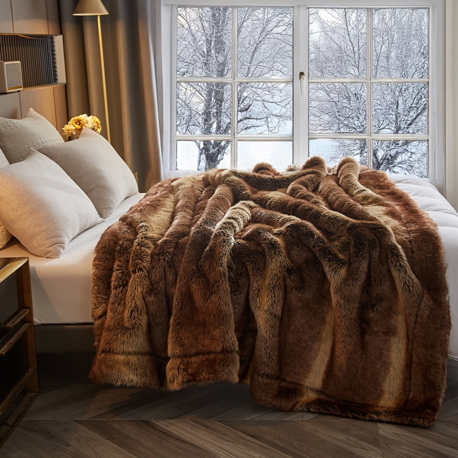 Reversible Sherpa Luxury Faux Fur Throw Blanket for Bed Super Thick Warm Long Fluff Fuzzy Blankets for Bedroom Living Room, 60" x 80", ... - Luxury Knitted Decorative Throw Blanket with Fringes Detail