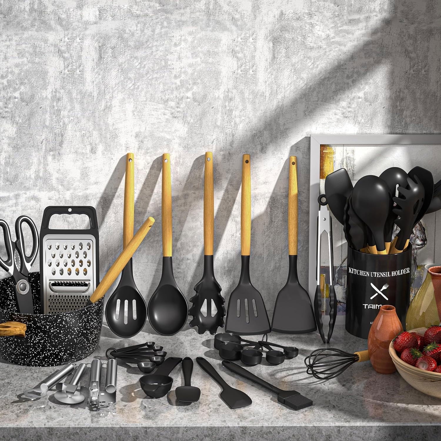 Ergonomic Cooking Kitchen Utensil Set, 34Pieces Silicone Cooking Utensil Set with Wooden Handle, Heat Resistant Spatula Set Gadg... - Premium Stainless Steel Cooking Utensil for Non-Stick Pots Detail
