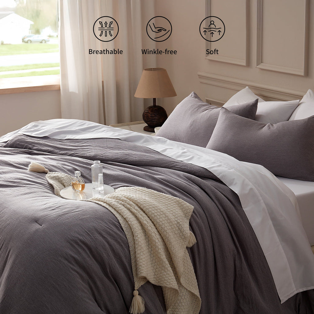 Hypoallergenic Cloud Washed Comforter Set Full Size - 3 Pieces Soft Luxury Cationic Dyeing Bedding Sets, Linen-Like Texture Breathable Wri... - All-Season Down Alternative Comforter Insert Detail