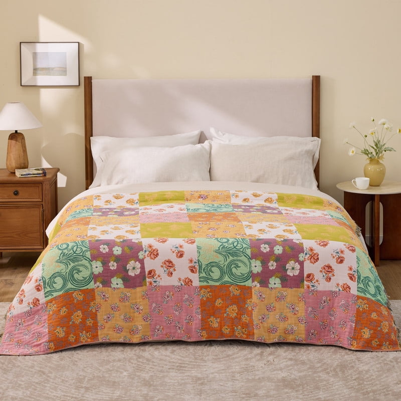 Lightweight Warm 100% Cotton Boho Blankets for Home Decor – Colorful Patchwork Reversible Farmhouse Quilt Bedding, Vintage Woven Decor... - Super Soft Reversible Sherpa Flannel Blanket Detail