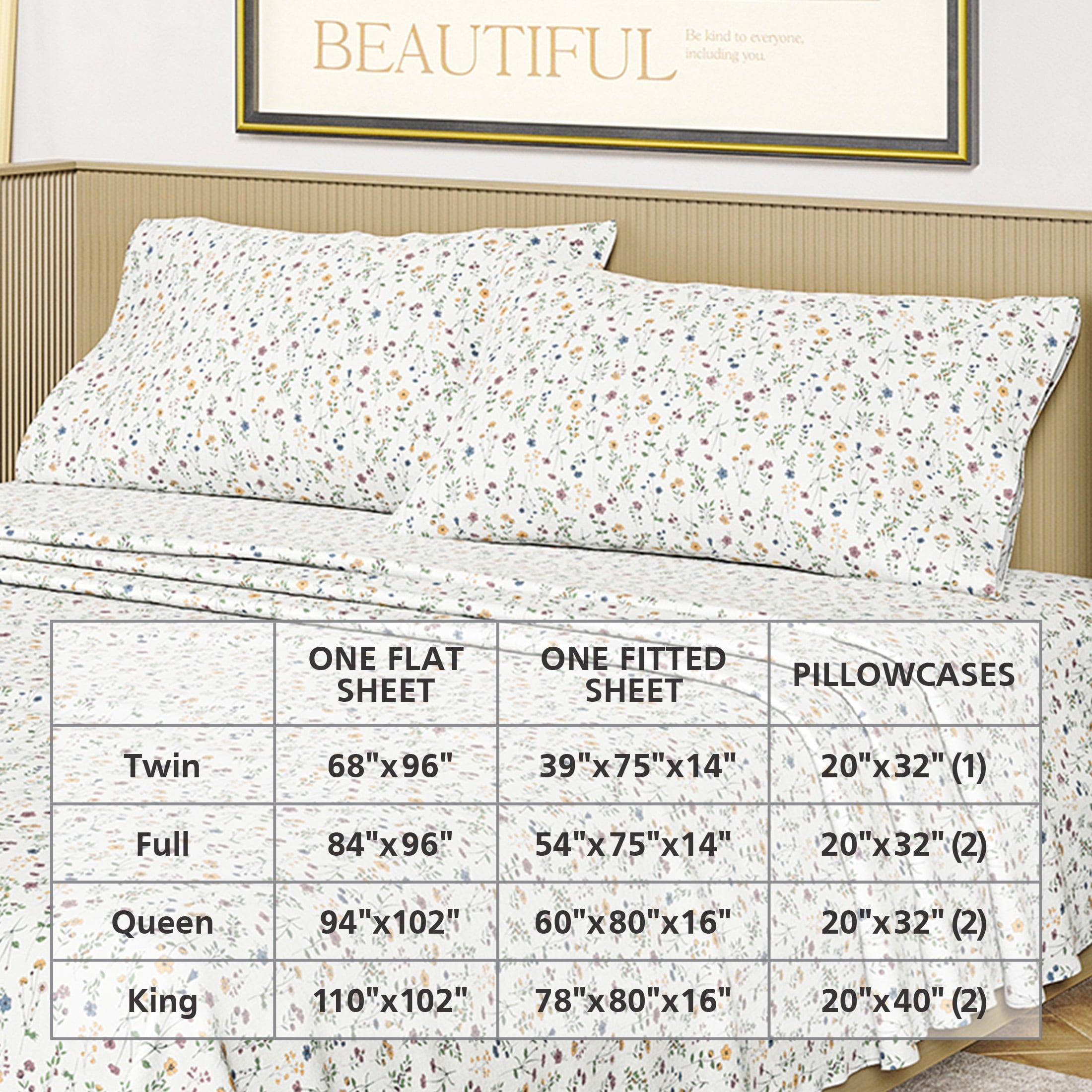 Ultra-Soft Botanical 4-Piece 100% Cotton Washed Percale White Sheet Set, Queen - Cooling Hotel Quality Bedding Sheets and Pillowcases Detail