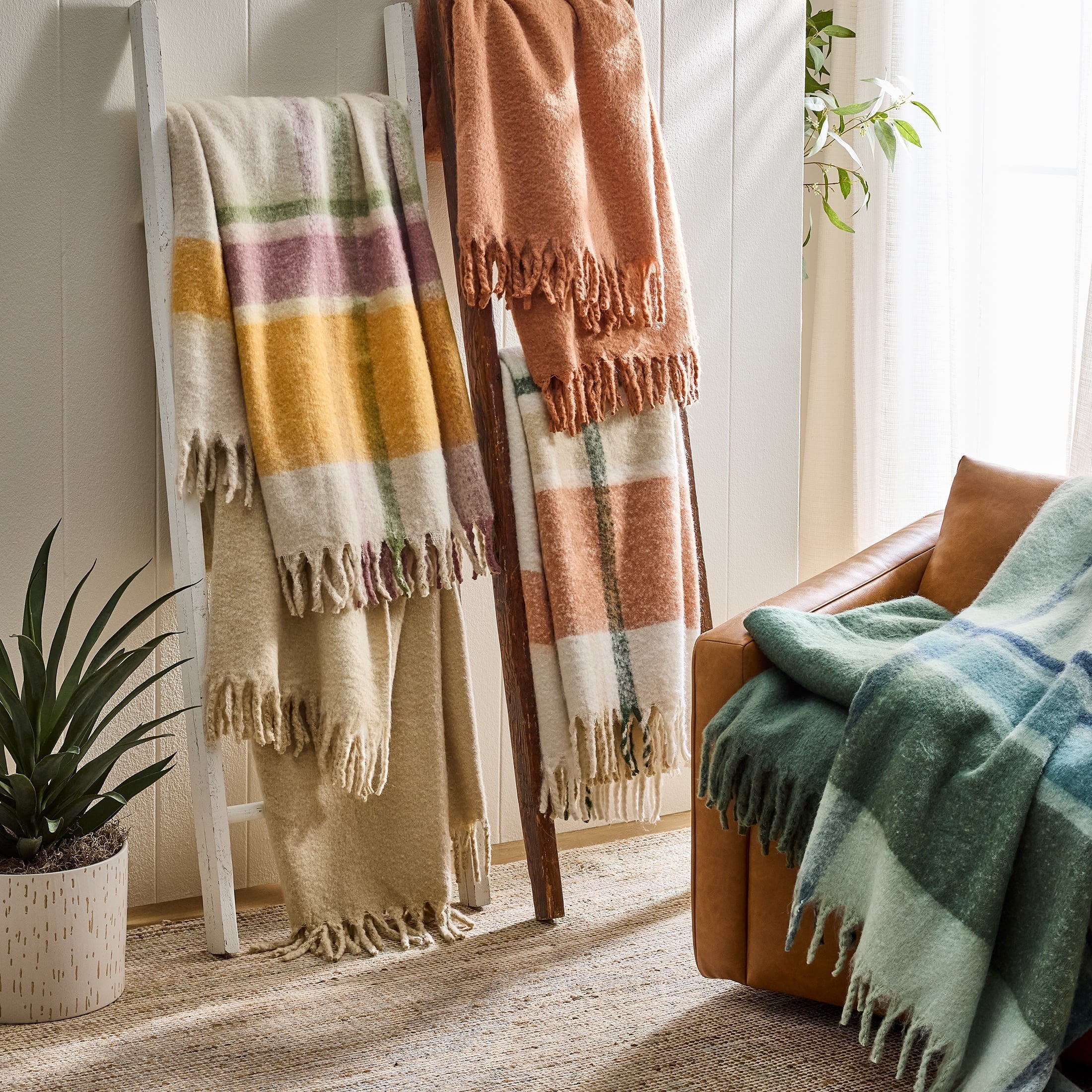 Reversible Sherpa Faux Mohair Cozy Couch Throw Blanket Terracotta Clay, 50x72" - Luxury Knitted Decorative Throw Blanket with Fringes Detail