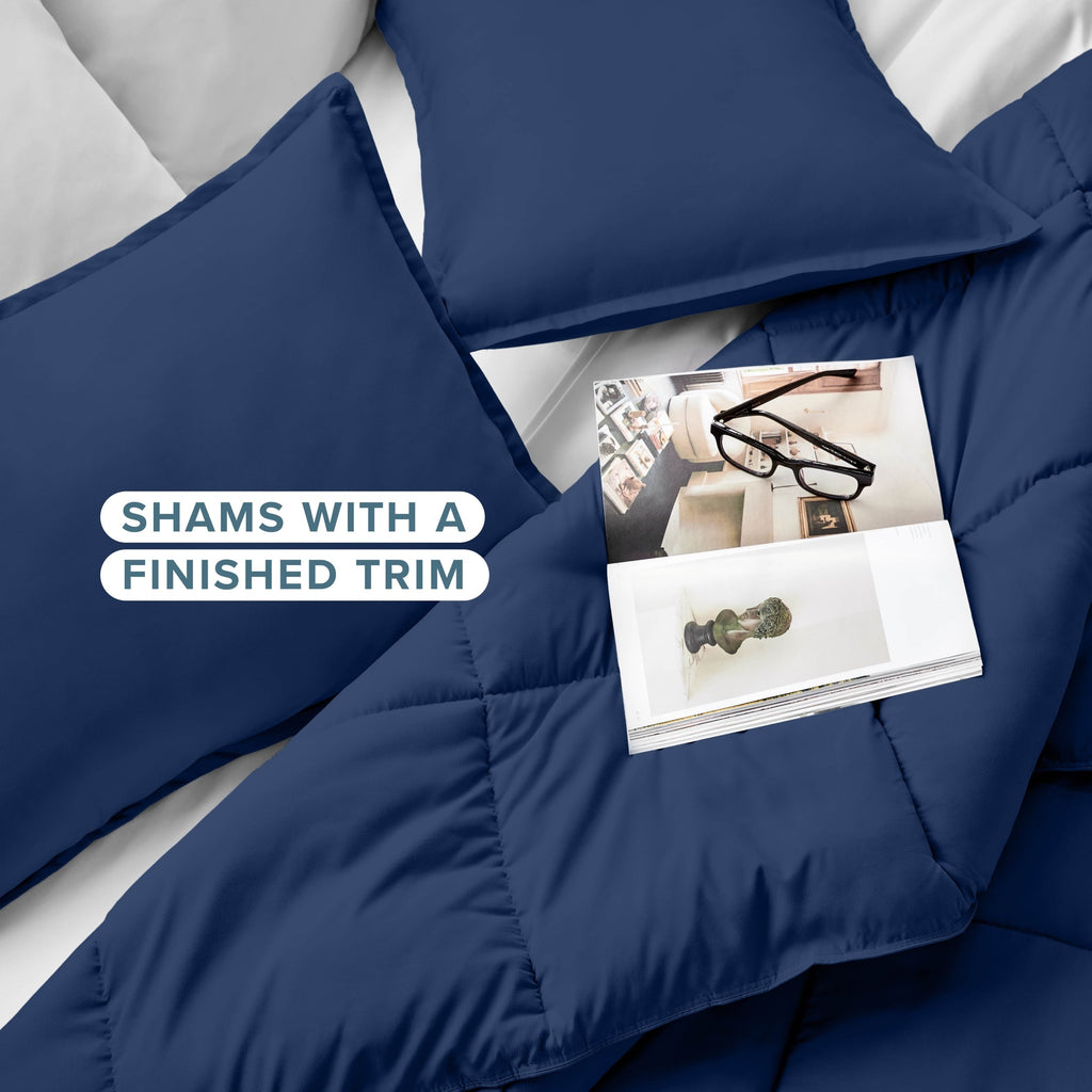 Heavyweight Warmth Down Alternative Comforter Set - 3-Pieces - All Seasons - Queen, Dark Blue - Luxurious Quilted Duvet Cover Set Detail