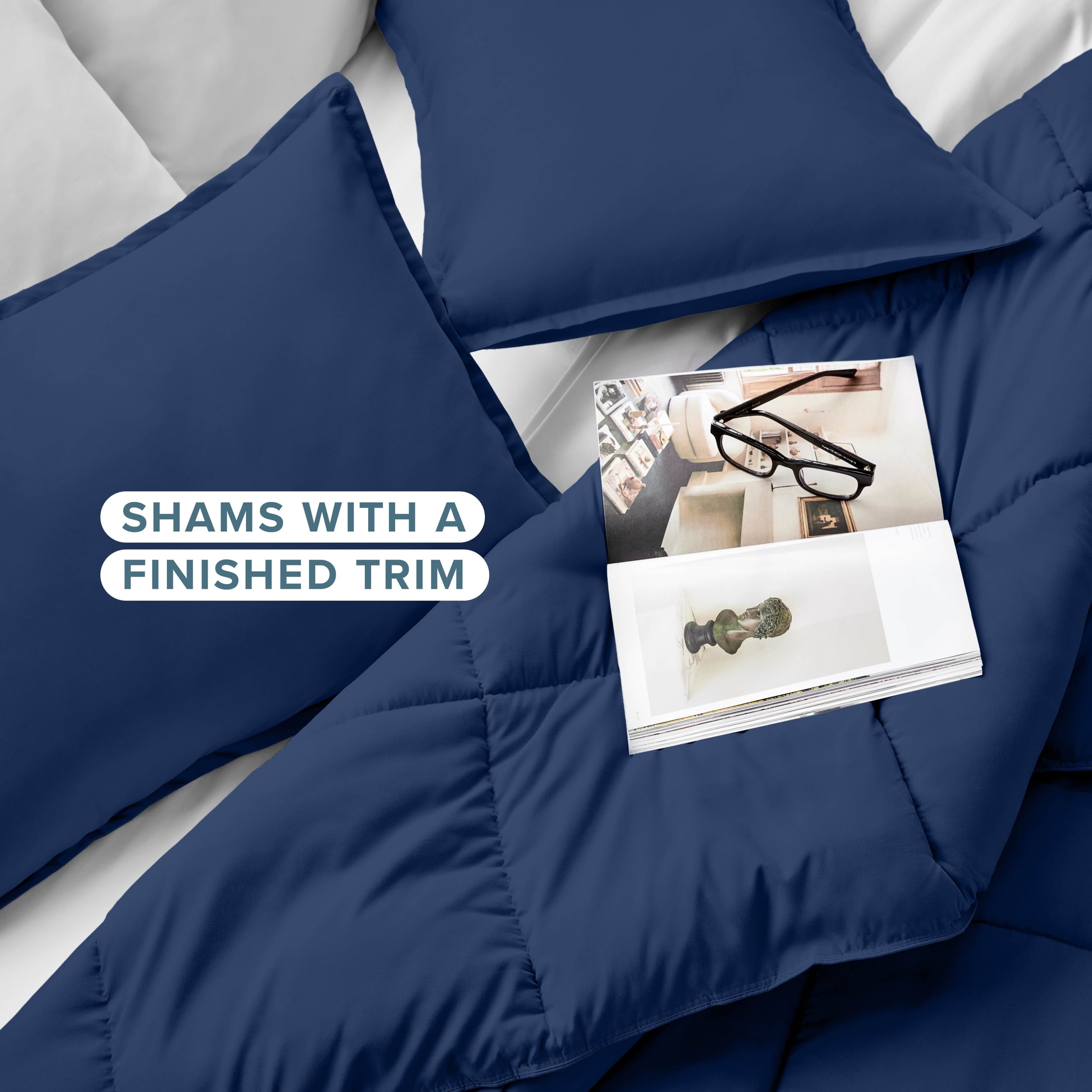 Heavyweight Warmth Down Alternative Comforter Set - 3-Pieces - All Seasons - Queen, Dark Blue - Luxurious Quilted Duvet Cover Set Detail