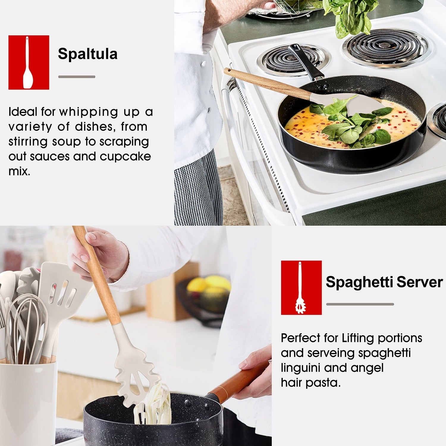 Ergonomic Cooking Kitchen Utensils Set of 6, Silicone Cooking Utensils with Wooden Handle, Non-Stick Cookware & Heat Resistant, Include... - Durable Turner & Ladle Utensil Set for Home Chefs Detail