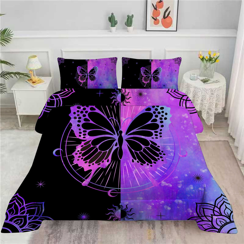 Luxurious Quilted Butterfly Comforter Set Full Size for Girls Kids Teens Black Blue Purple Tie Dye Bedding Set 3 Pieces - Luxurious Quilted Duvet Cover Set Detail