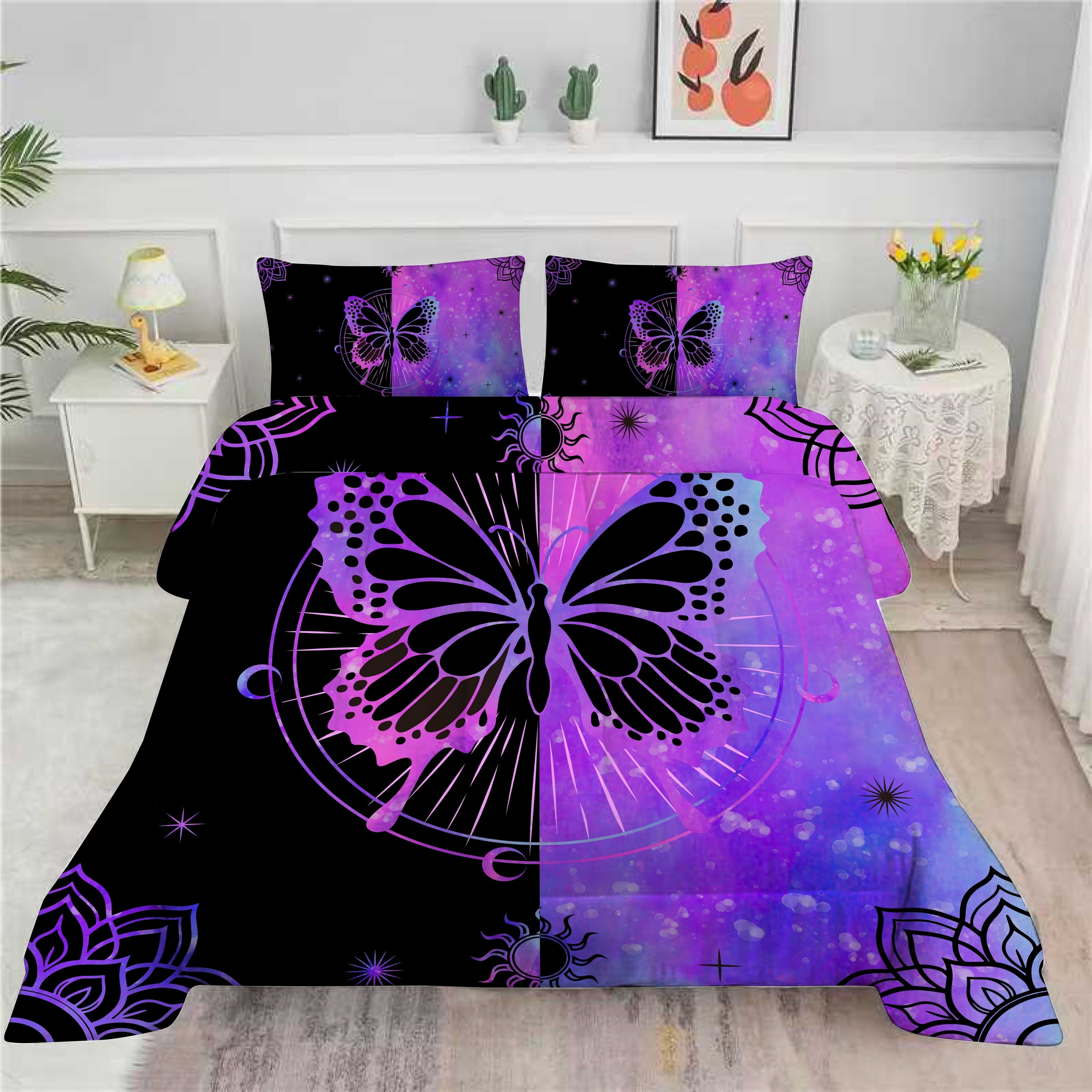 Luxurious Quilted Butterfly Comforter Set Full Size for Girls Kids Teens Black Blue Purple Tie Dye Bedding Set 3 Pieces - Luxurious Quilted Duvet Cover Set Detail