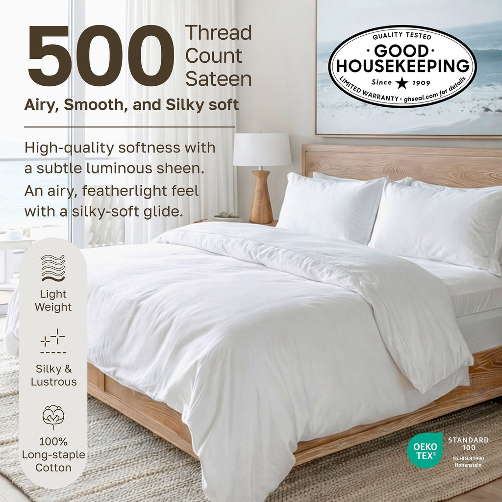 Premium Egyptian Cotton 500-Thread-Count 100% Cotton Sheet White Queen-Sheets Set, 4-Piece Extra Long-Staple Combed Cotton Bedding Sheets for... - Breathable Egyptian Cotton Flat & Fitted Sheets Detail