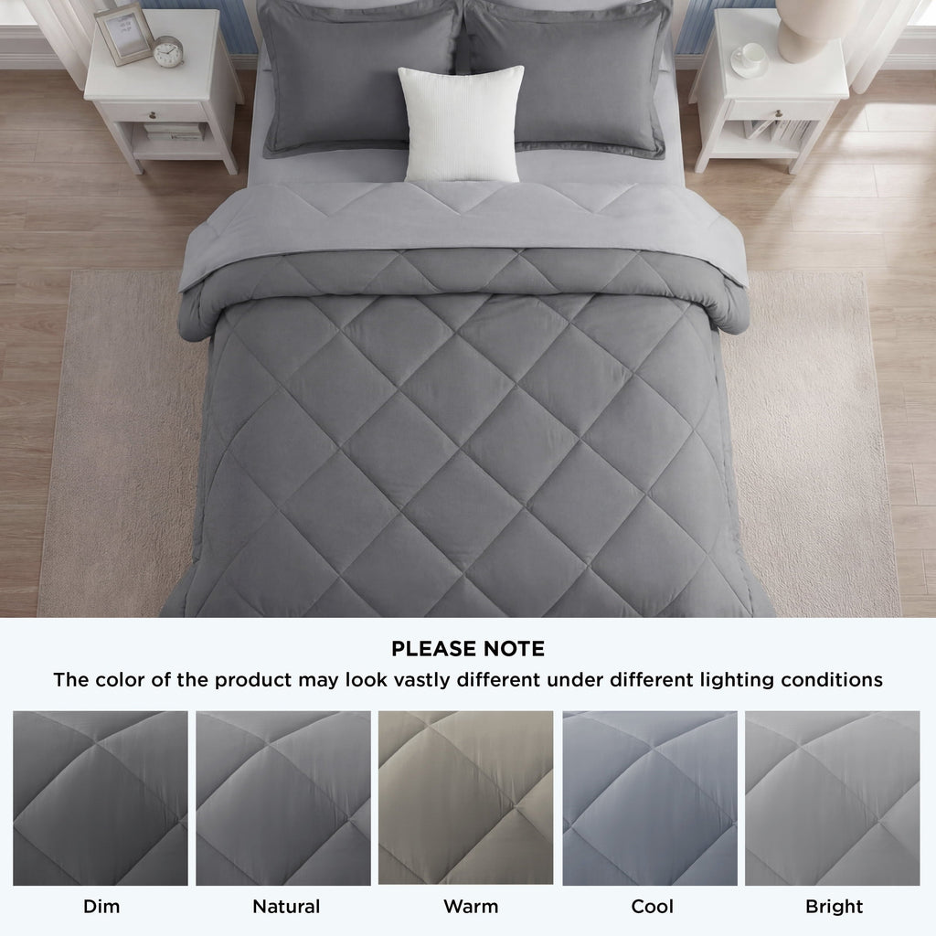 Heavyweight Warmth Queen Reversible Comforter Set - 7 Pieces Grey Bedding, Bed in a Bag with Alternative Comforter, Sheets, Pillowcases ... - Luxurious Quilted Duvet Cover Set Detail