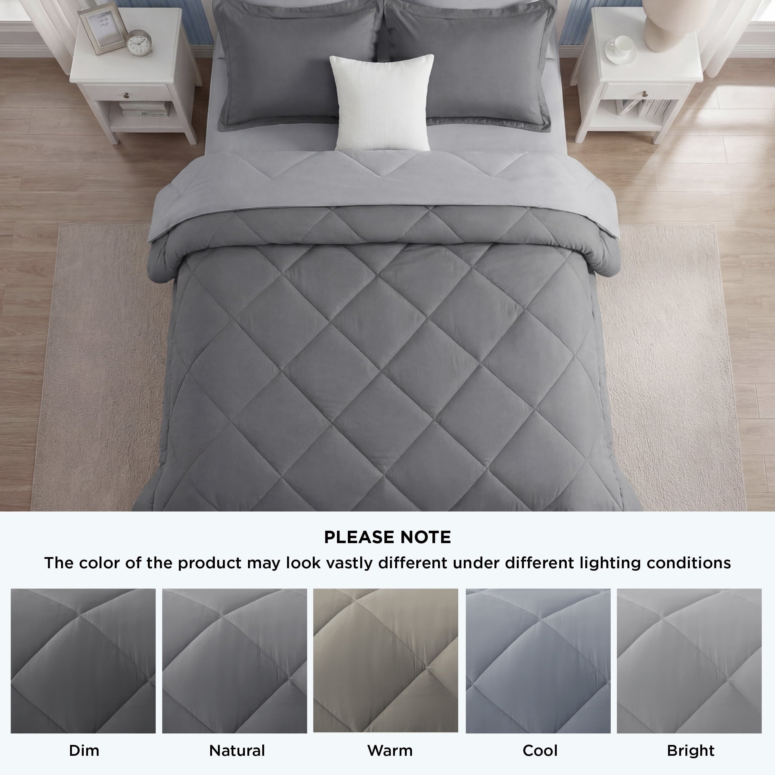 Heavyweight Warmth Queen Reversible Comforter Set - 7 Pieces Grey Bedding, Bed in a Bag with Alternative Comforter, Sheets, Pillowcases ... - Luxurious Quilted Duvet Cover Set Detail