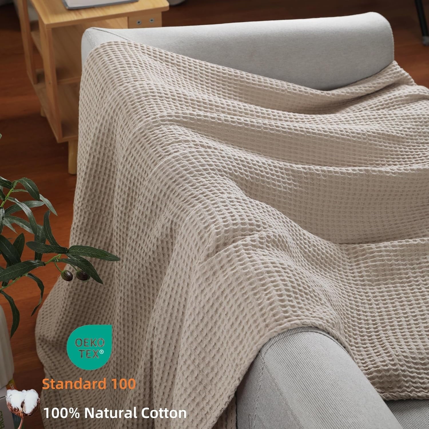 Reversible Sherpa 100% Cotton Waffle Bed Blanket King Size, Throw Blanket for Couch All Seasons (Beige, 104x90) - Luxury Knitted Decorative Throw Blanket with Fringes Detail