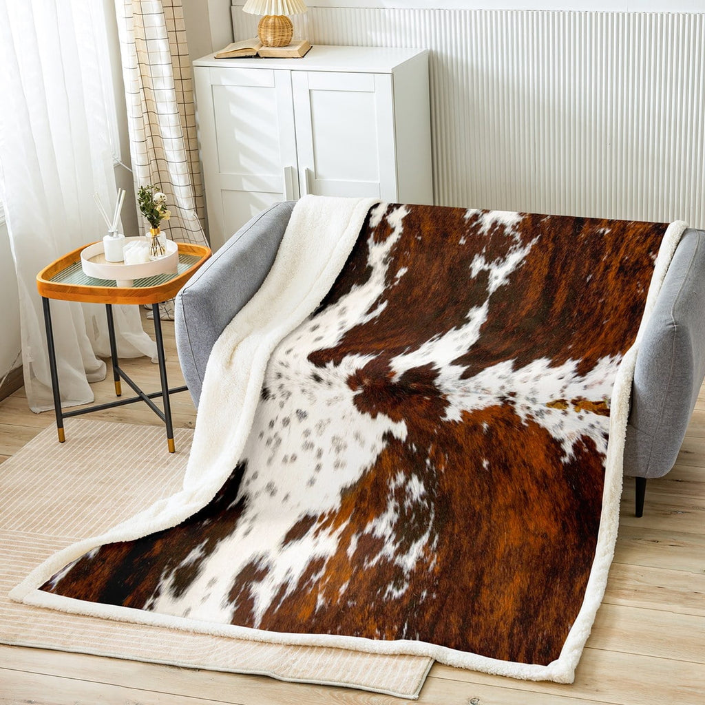 Reversible Sherpa Milk Cow Print Throw Blanket for Bed Chair,Black Brown Cowhide Fleece Blanket 50"x60",Farmhouse Rustic Animal Skin We... - Super Soft Reversible Sherpa Flannel Blanket Detail