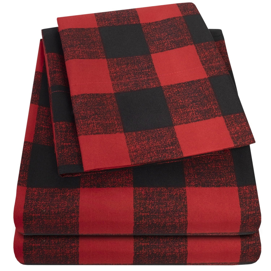 Cooling Sateen Buffalo Plaid Black and Red 4 Piece Bed Sheet Set - Twin - Breathable Egyptian Cotton Flat & Fitted Sheets Detail