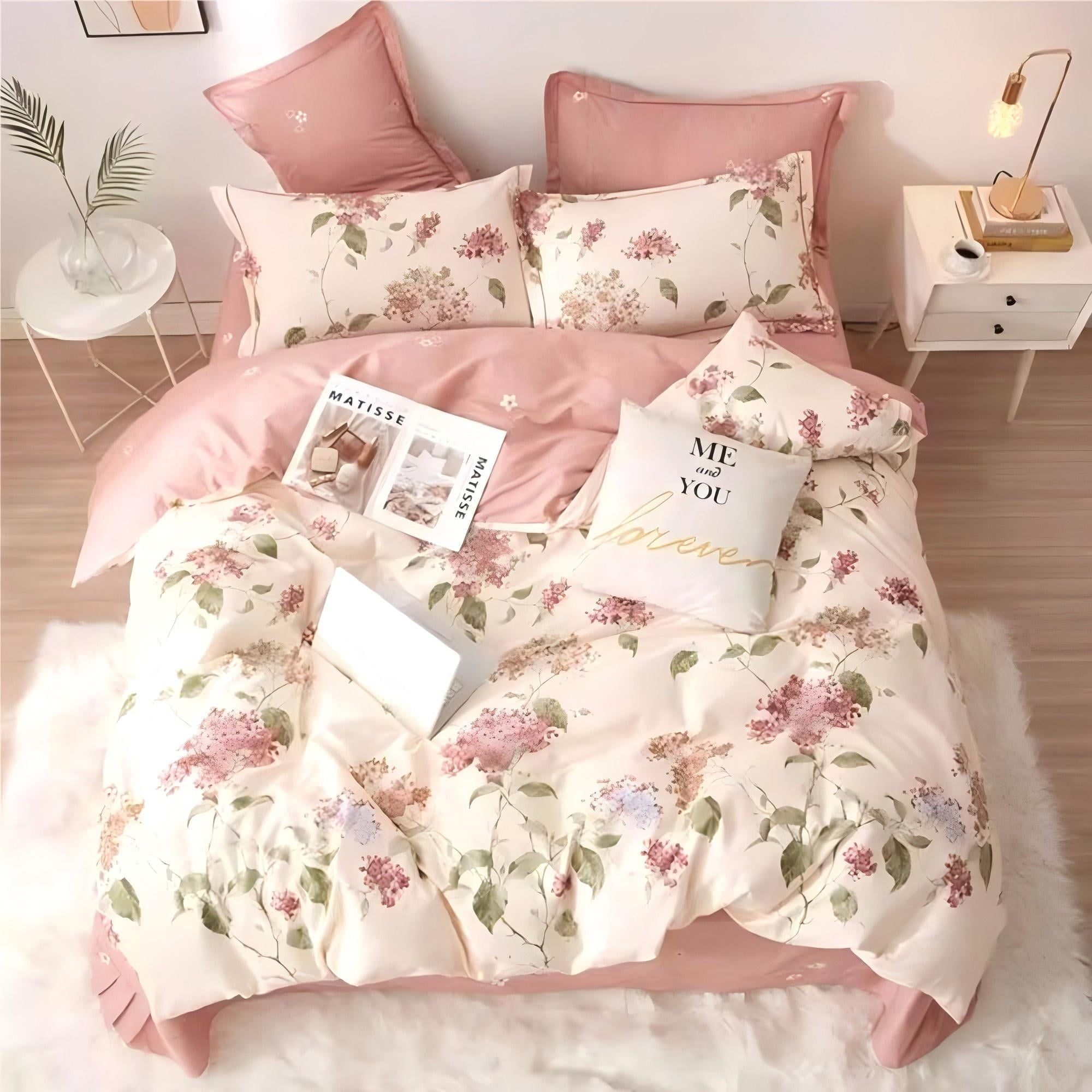 Fluffy Down Alternative White with Pink Flowers King Comforter Sets, 3 Pieces Chic Garden Style Reversible Bedding Sets for Adults All Season - Luxurious Quilted Duvet Cover Set Detail