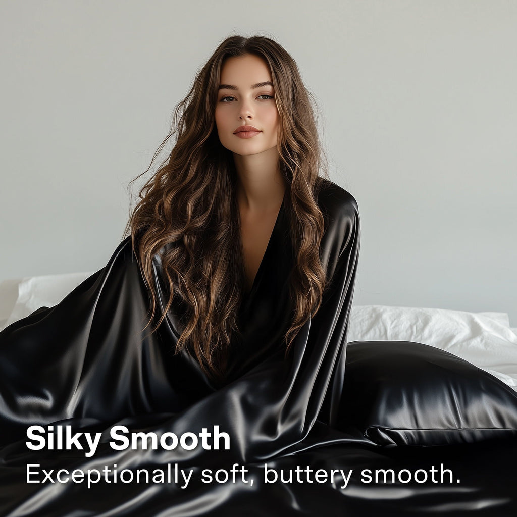 Cooling Sateen Queen Silk Black Bed Sheet Set,4 Pieces 1800 Microfiber 2 Pillowcase 20"x30" - Premium Ultra-Soft Pillowcase Pair for Sleeping Detail