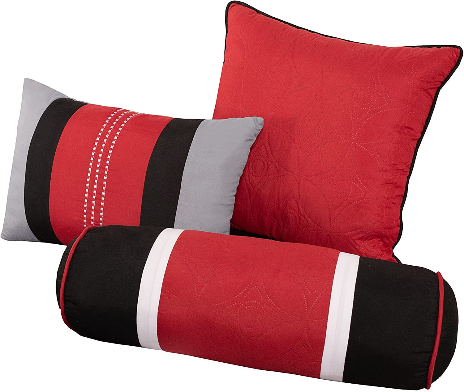 Luxurious Quilted 7-Piece Medallion Patchwork Comforter Set, Full, Red/Gray/Black - All-Season Down Alternative Comforter Insert Detail