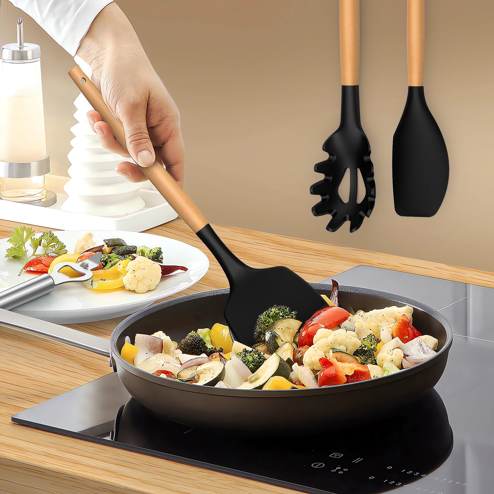 Ergonomic Cooking Silicone Cooking Utensils Set - Silicone Kitchen Utensils for Cooking Wooden Handles, 446°F Heat Resistant Kitchen Ut... - Premium Stainless Steel Cooking Utensil for Non-Stick Pots Detail