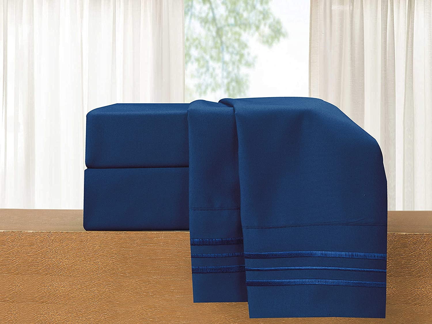 Cooling Sateen 4-Piece Microfiber Bed Sheet Set, Soft & Breathable, Wrinkle & Fade Resistant, Deep Pocket, Queen, Navy Blue - Premium Ultra-Soft Pillowcase Pair for Sleeping Detail