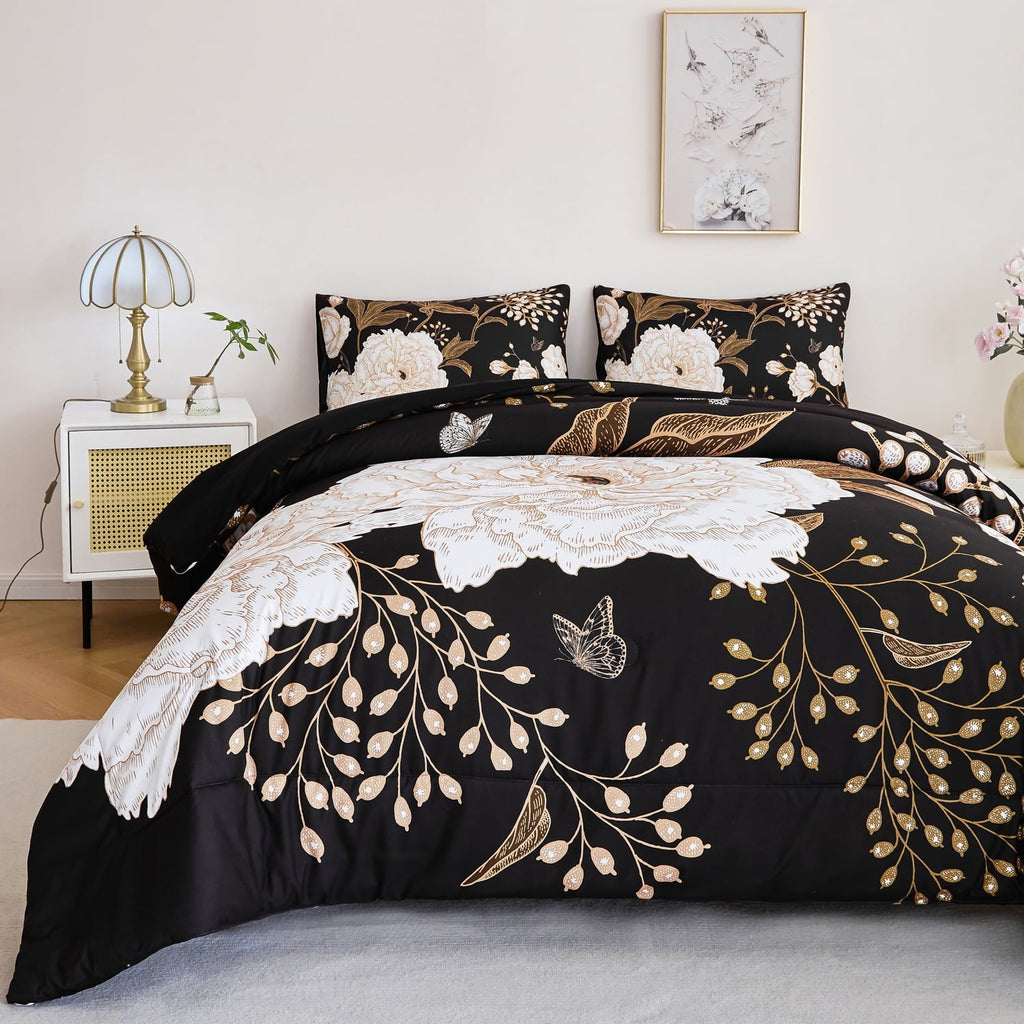 Heavyweight Warmth Black Floral Comforter Set Queen, Printed Comforter White Flowers Butterfly Bedding Set, 3 Pieces Botanical Reversibl... - Luxurious Quilted Duvet Cover Set Detail