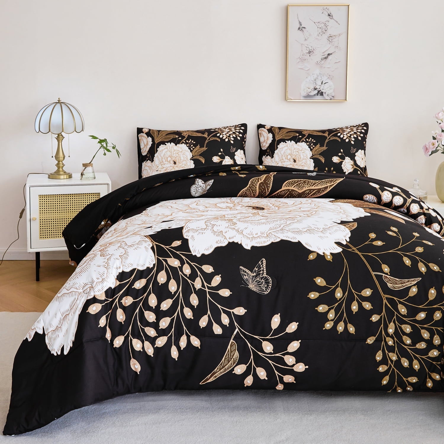 Heavyweight Warmth Black Floral Comforter Set Queen, Printed Comforter White Flowers Butterfly Bedding Set, 3 Pieces Botanical Reversibl... - Luxurious Quilted Duvet Cover Set Detail