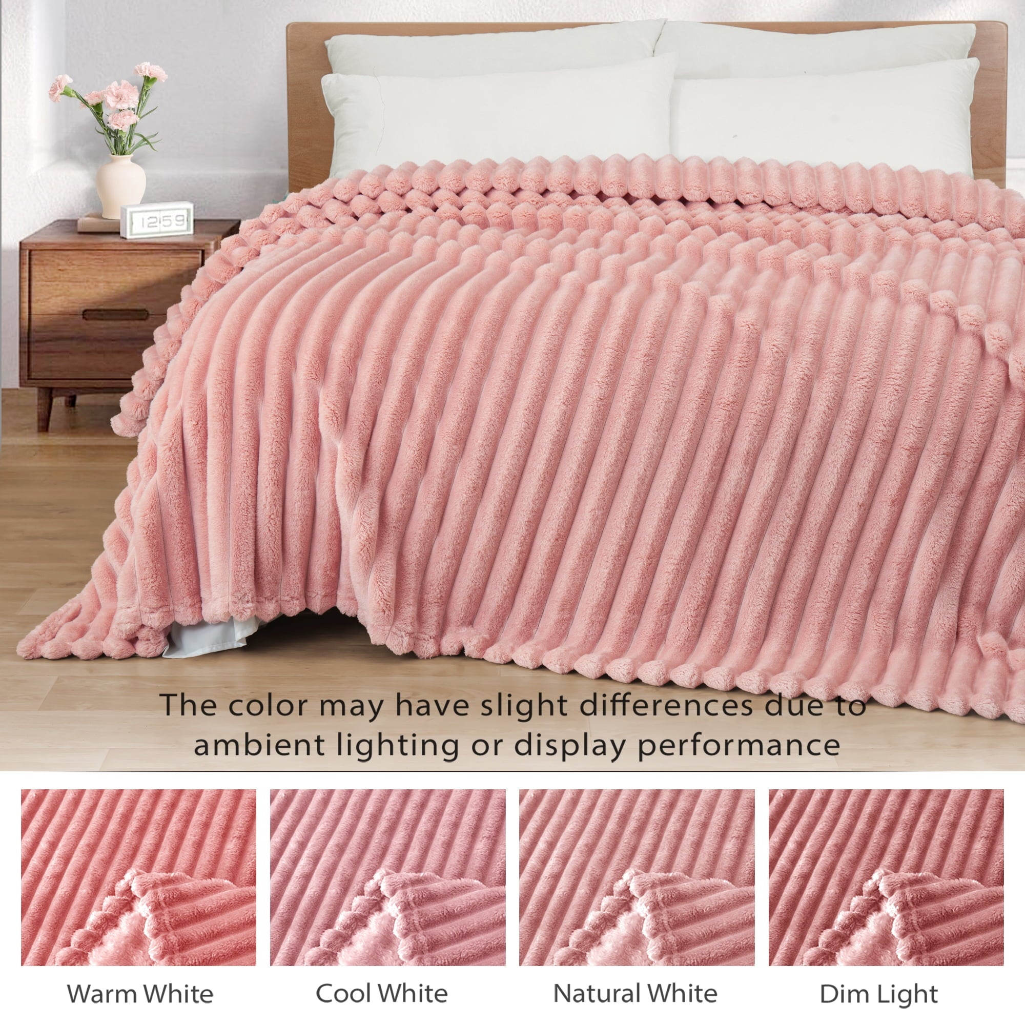 Decorative Knitted Fleece Throw Blanket for Couch, Super Soft 3D Striped Jacquard Blanket, Lightweight Fuzzy Cozy Blankets, Pink, 50"x60" - Super Soft Reversible Sherpa Flannel Blanket Detail