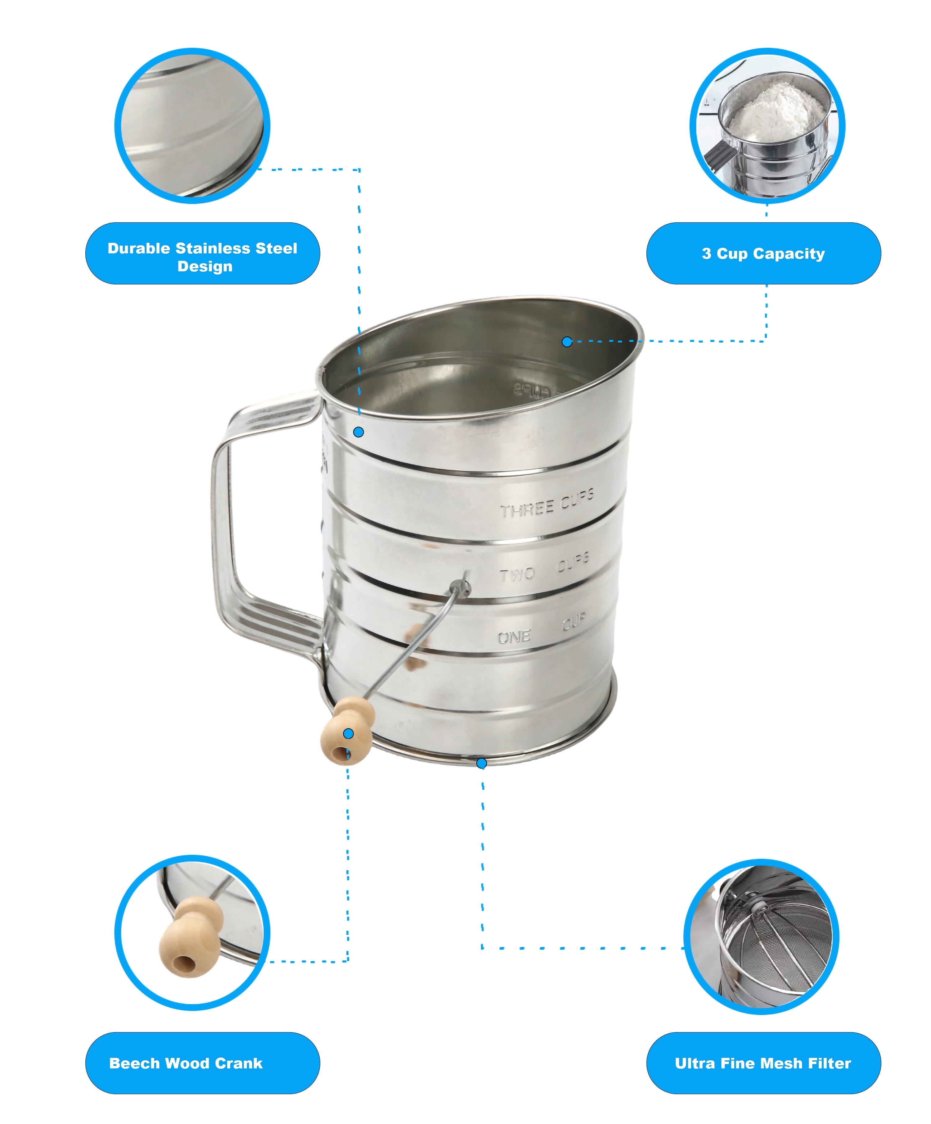Time-Saving Stainless Steel 3 Cup Flour Hand-Crank Sifter with Beechwood Handle Silver - Premium Stainless Steel Garlic Presser & Peeler Detail
