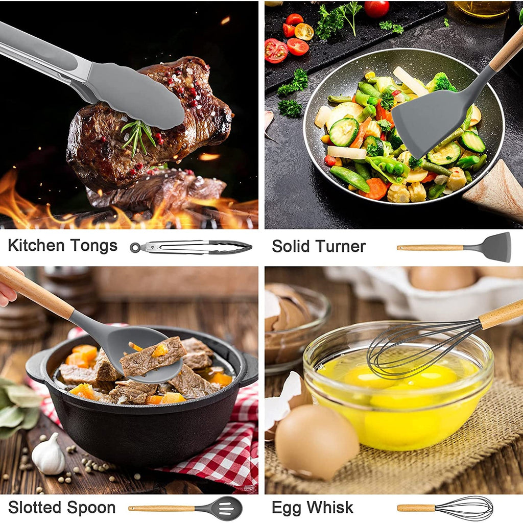 Professional Grade Silicone Cooking Utensils Set, 446°F Heat Resistant Wooden Handle Cooking Kitchen Utensils Spatula Set with Holder fo... - Multi-Purpose Hand Tool for Daily Meal Prep Detail