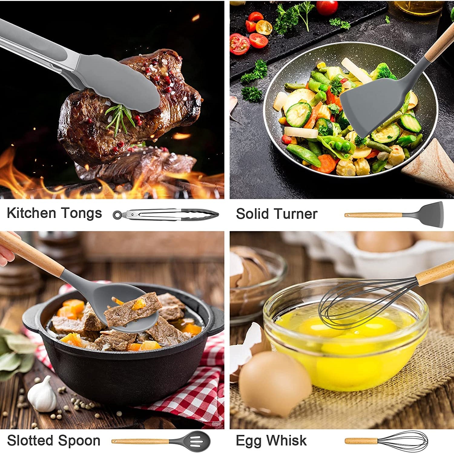 Professional Grade Silicone Cooking Utensils Set, 446°F Heat Resistant Wooden Handle Cooking Kitchen Utensils Spatula Set with Holder fo... - Multi-Purpose Hand Tool for Daily Meal Prep Detail