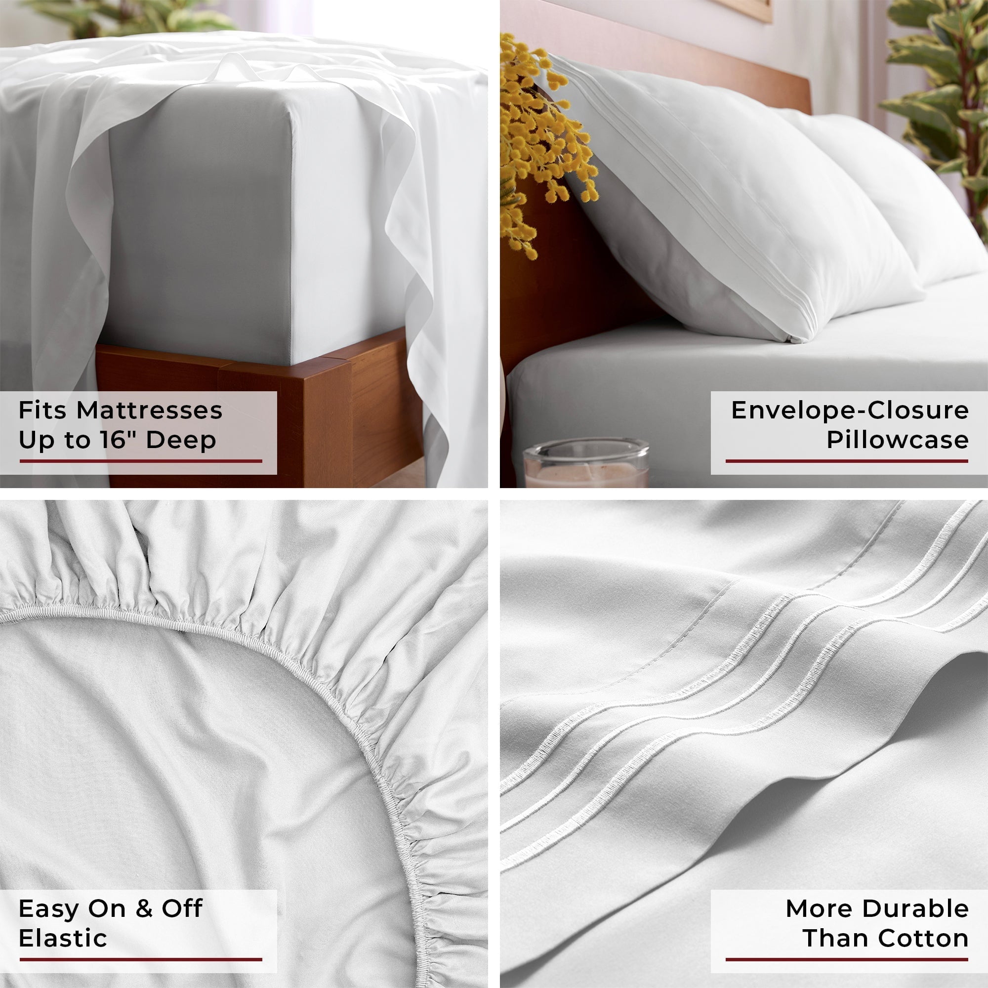 Breathable Luxury Iconic 6 Piece Bed Sheet Set Brushed Microfiber, Deep Pocket, Queen, White - Cooling Hotel Quality Bedding Sheets and Pillowcases Detail