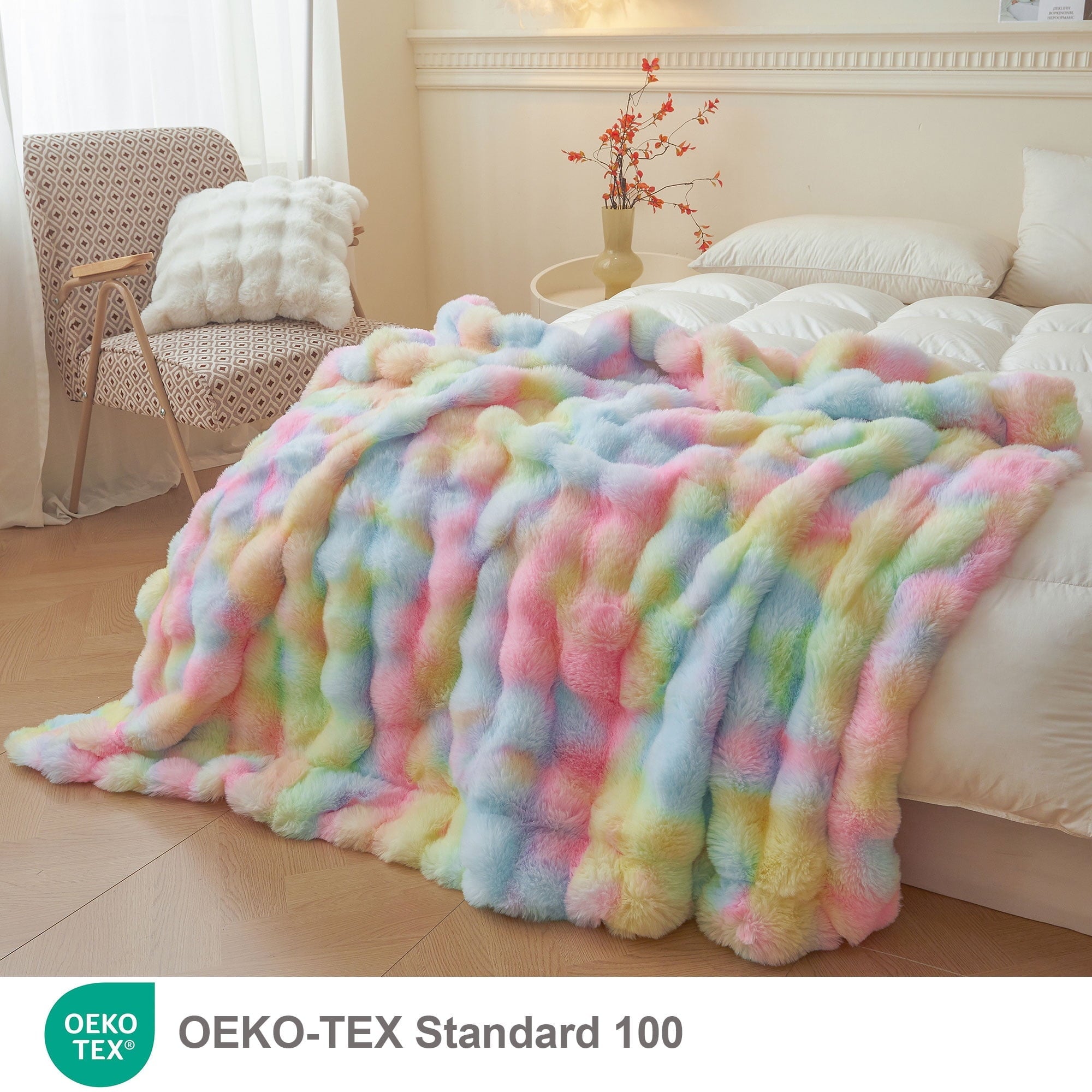 Cozy Fleece Fluffy Faux Rabbit Fur Bubble Throw, Rainbow Plush Shaggy Blanket for Couch Sofa Chair, Soft Tie Dye Furry Blanket Ad... - Cozy Fleece Throw Blanket for Couch & Bed Detail