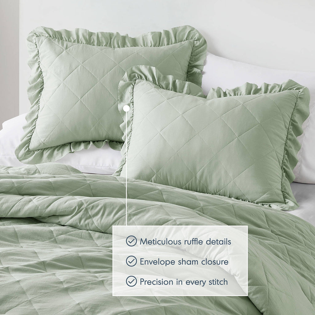 Hypoallergenic Cloud Full/Queen Comforter Set Sage, 3 Pieces Quilted Ruffle Comforters Full/Queen Size, Solid Bedding Comforters Sets, Gif... - Cloud-Like Soft Lightweight Bed Comforter Detail