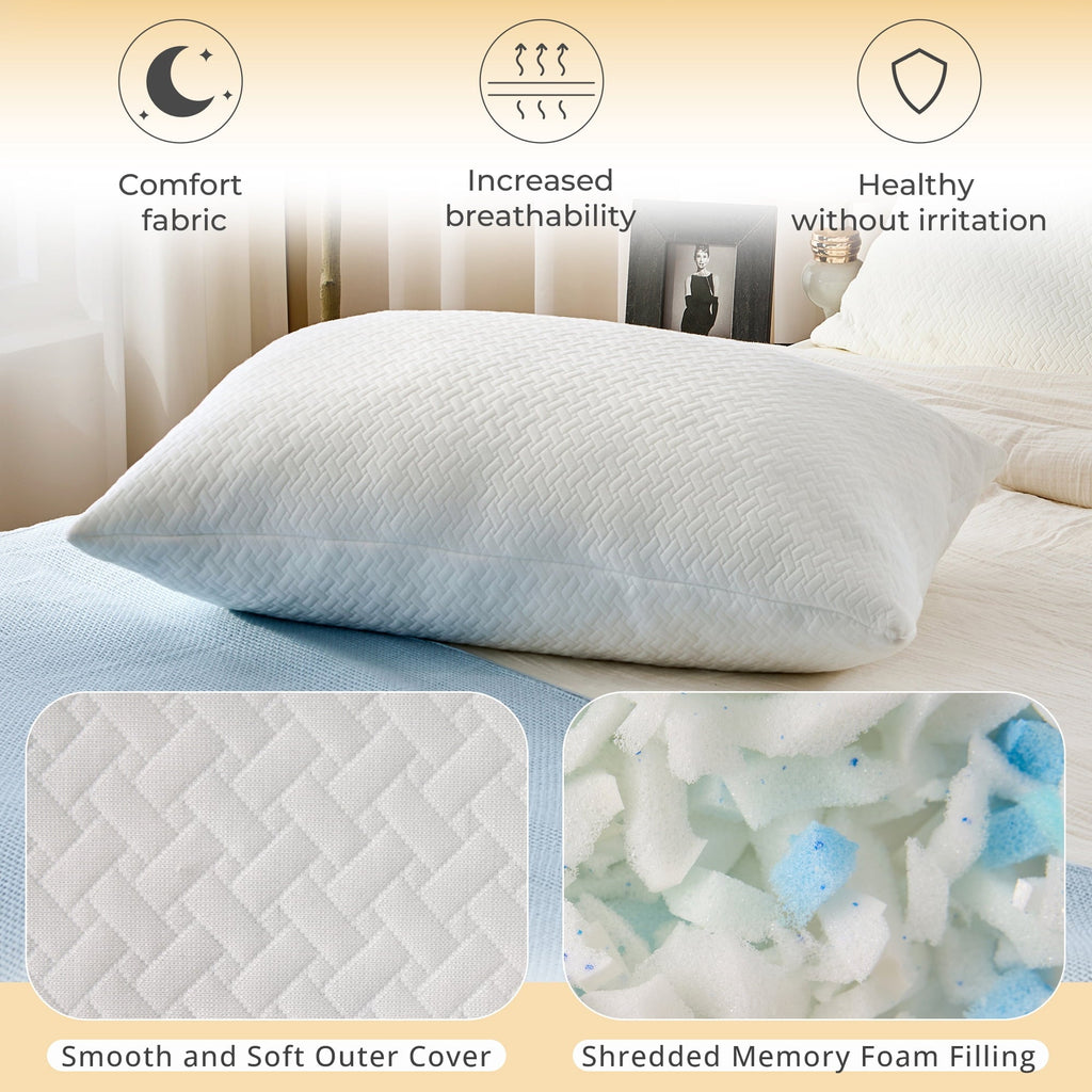 Fluffy Shredded 2 Pack Bed Pillow, Shredded Gel Memory Foam Pillow, Standard Queen, Medium, Made in USA - Orthopedic Shredded Foam Bed Pillow Set Detail