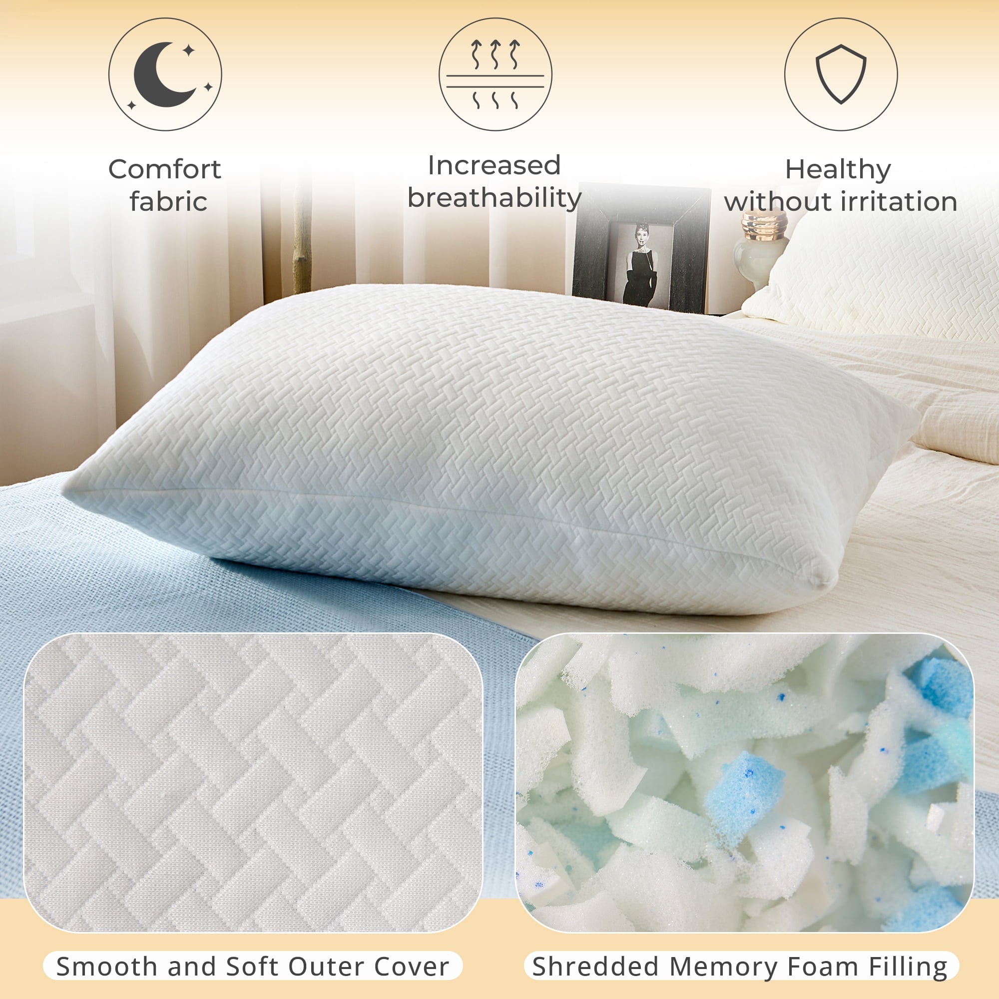 Fluffy Shredded 2 Pack Bed Pillow, Shredded Gel Memory Foam Pillow, Standard Queen, Medium, Made in USA - Orthopedic Shredded Foam Bed Pillow Set Detail