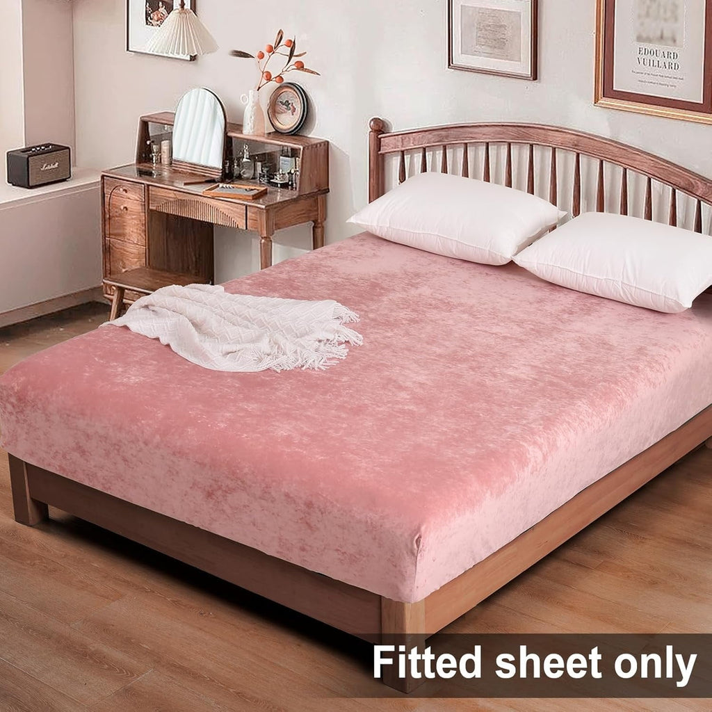 Premium Egyptian Cotton Truly Velvet Fitted Sheet Twin Size, Luxury Super Soft Flannel Bottom Sheet with 15" Deep Pocket for Winter, Pink - Breathable Egyptian Cotton Flat & Fitted Sheets Detail