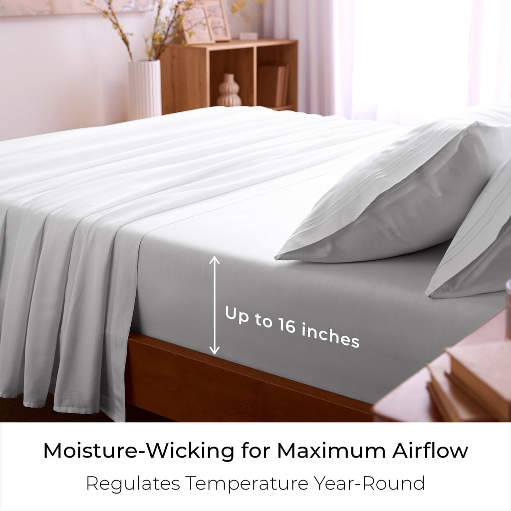 Breathable Luxury Iconic 6 Piece Bed Sheet Set Brushed Microfiber, Deep Pocket, Queen, White - Cooling Hotel Quality Bedding Sheets and Pillowcases Detail