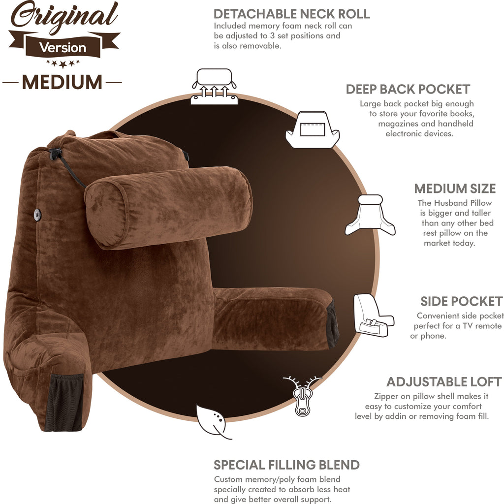 Orthopedic Support Medium Chocolate Brown, Backrest - Detach Neck Roll, Removable Cover - Hotel Quality Plush Sleeping Pillows Detail