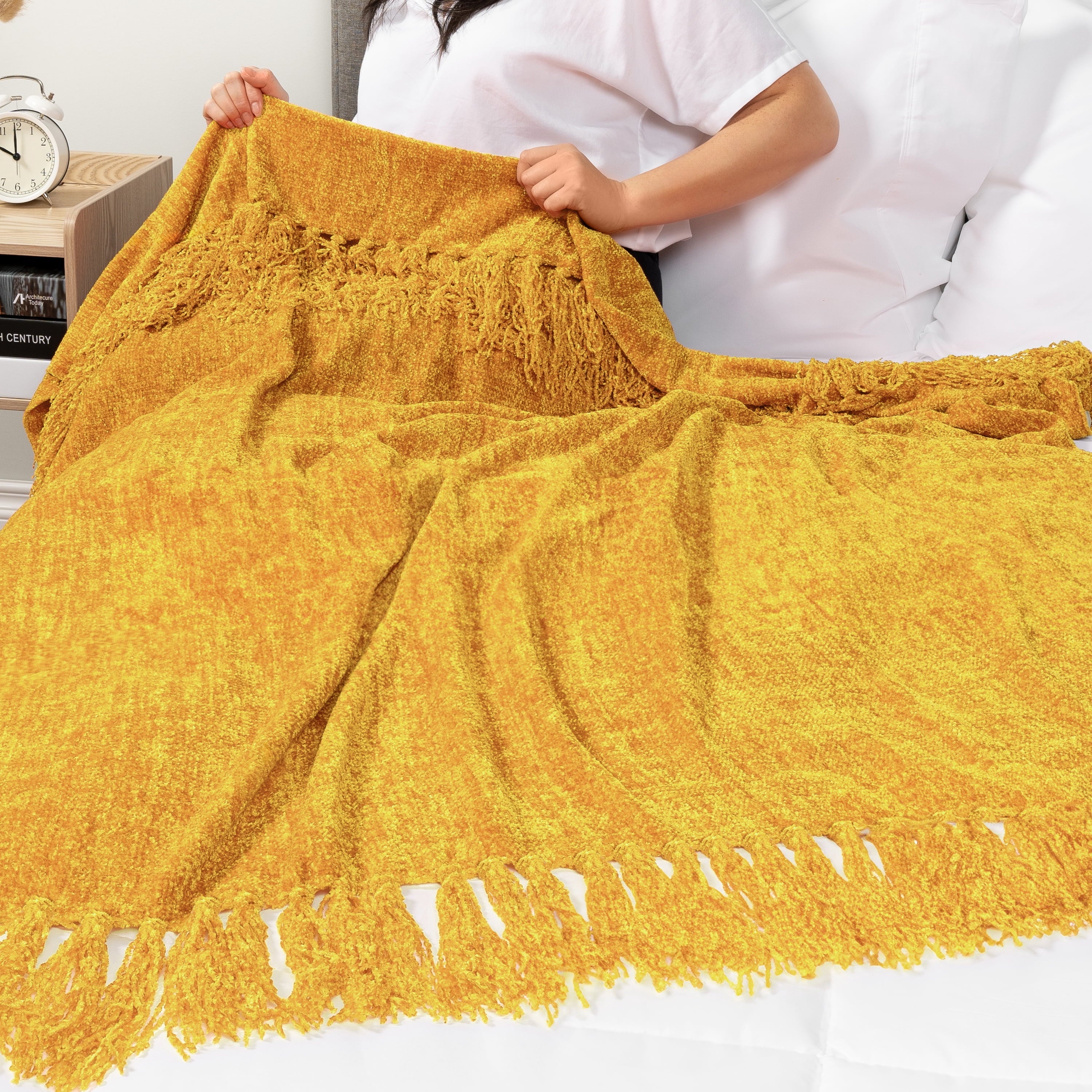 Decorative Knitted Mustard Yellow Chenille Throw Blanket for Couch, Soft Gold Knit Blanket with Tassel Fringe, Woven Chenille Knitted De... - Lightweight Plush Warm Blanket for All Seasons Detail