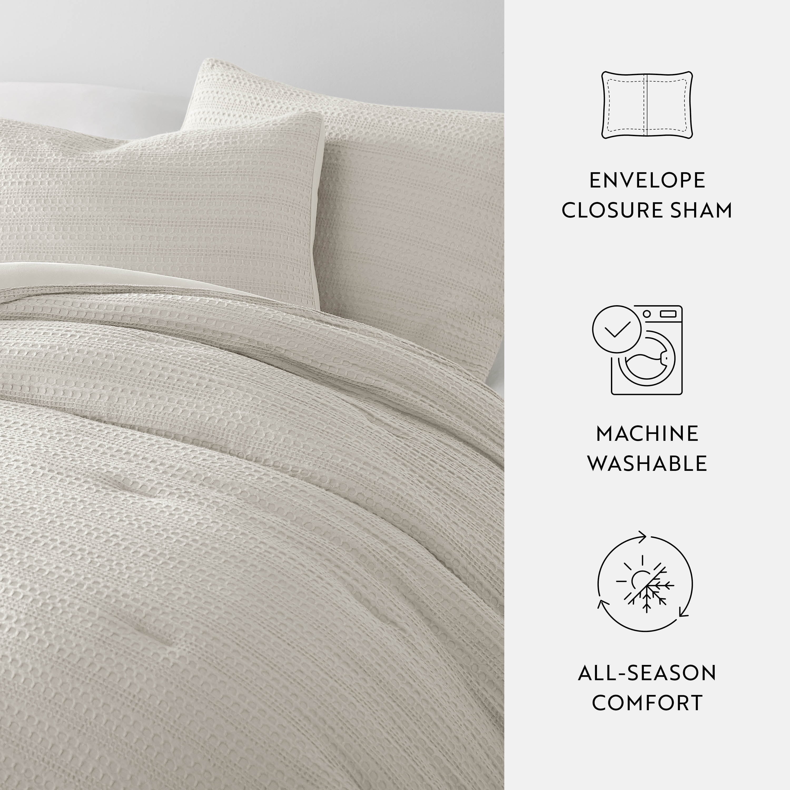 Luxurious Quilted Textured Waffle Comforter Set ins Natural Waffle Comforter Bedding Sets, King/Cal King Size Bedding - Luxurious Quilted Duvet Cover Set Detail