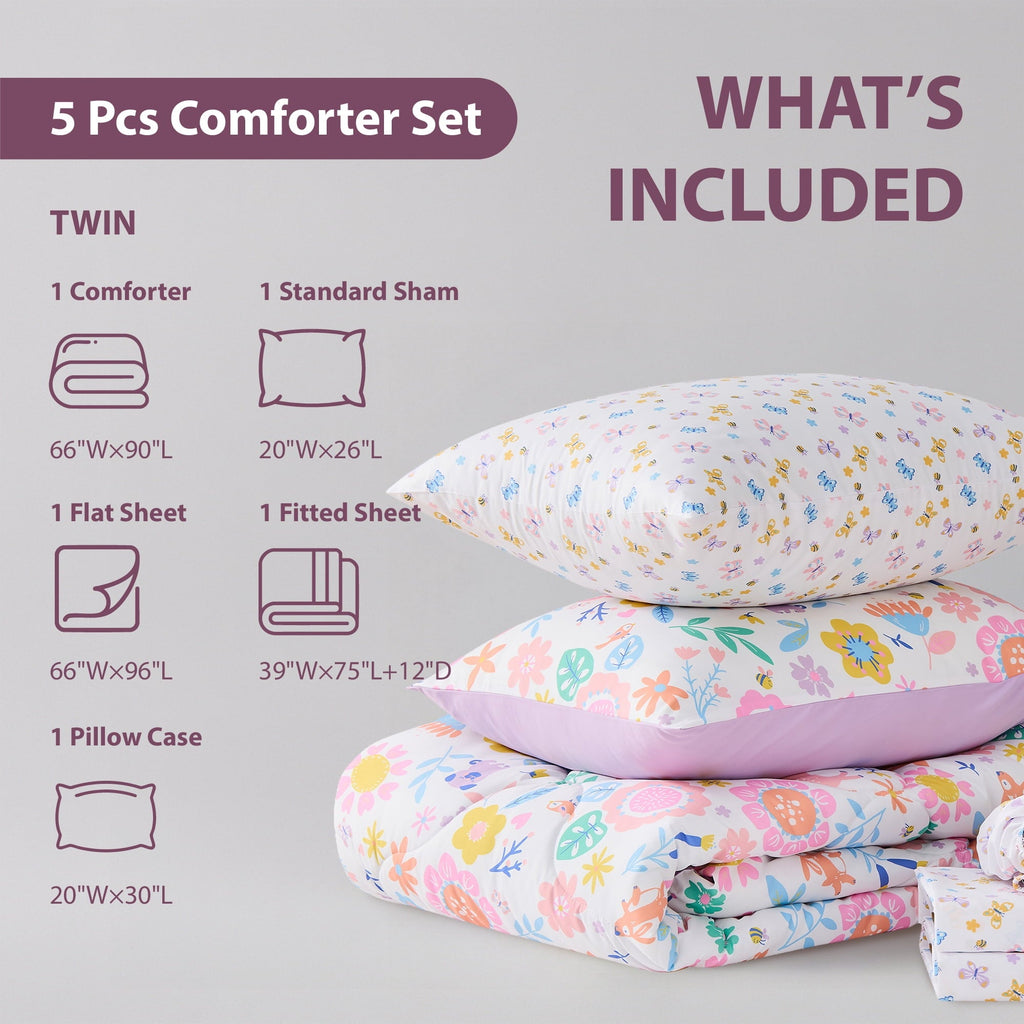 Luxurious Quilted Floral Comforter Set, Soft Microfiber Flower Bedding Set, 5 Pieces with Comforter, Sheets and Pillowcases, Twin - Cloud-Like Soft Lightweight Bed Comforter Detail