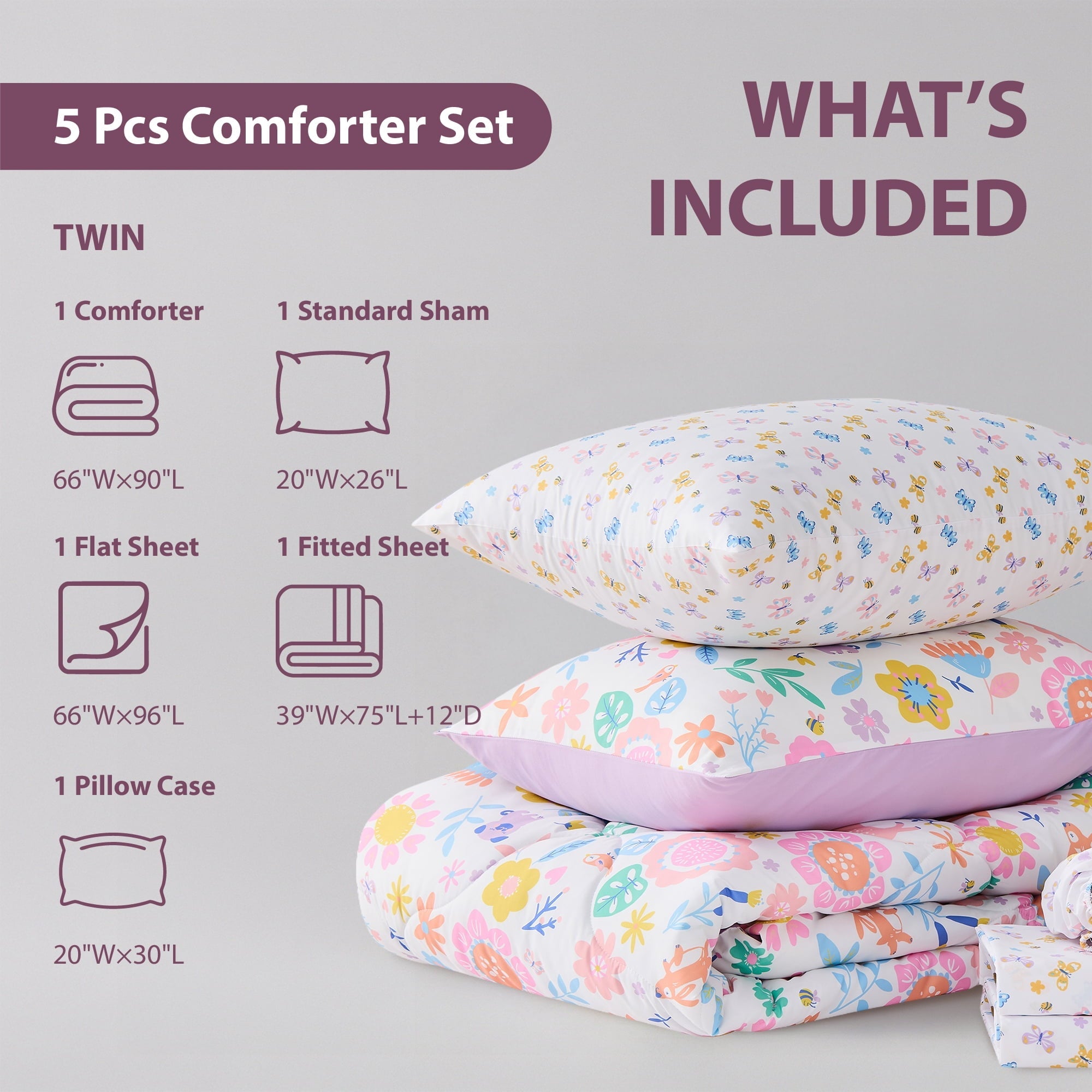 Luxurious Quilted Floral Comforter Set, Soft Microfiber Flower Bedding Set, 5 Pieces with Comforter, Sheets and Pillowcases, Twin - Cloud-Like Soft Lightweight Bed Comforter Detail