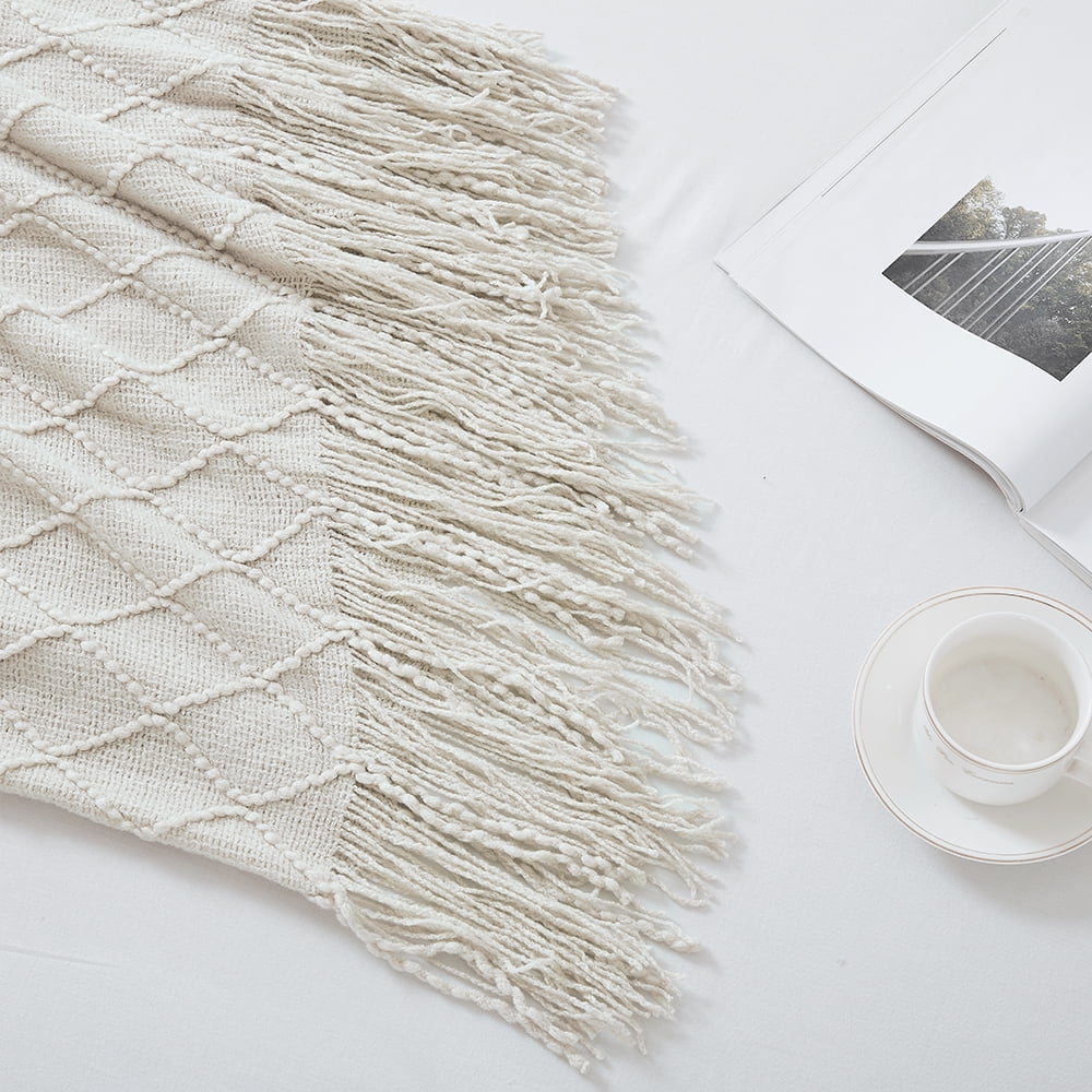 Lightweight Warm Rhombus Beige Throw Blanket, Soft and Lightweight, 50"x 60" - Luxury Knitted Decorative Throw Blanket with Fringes Detail