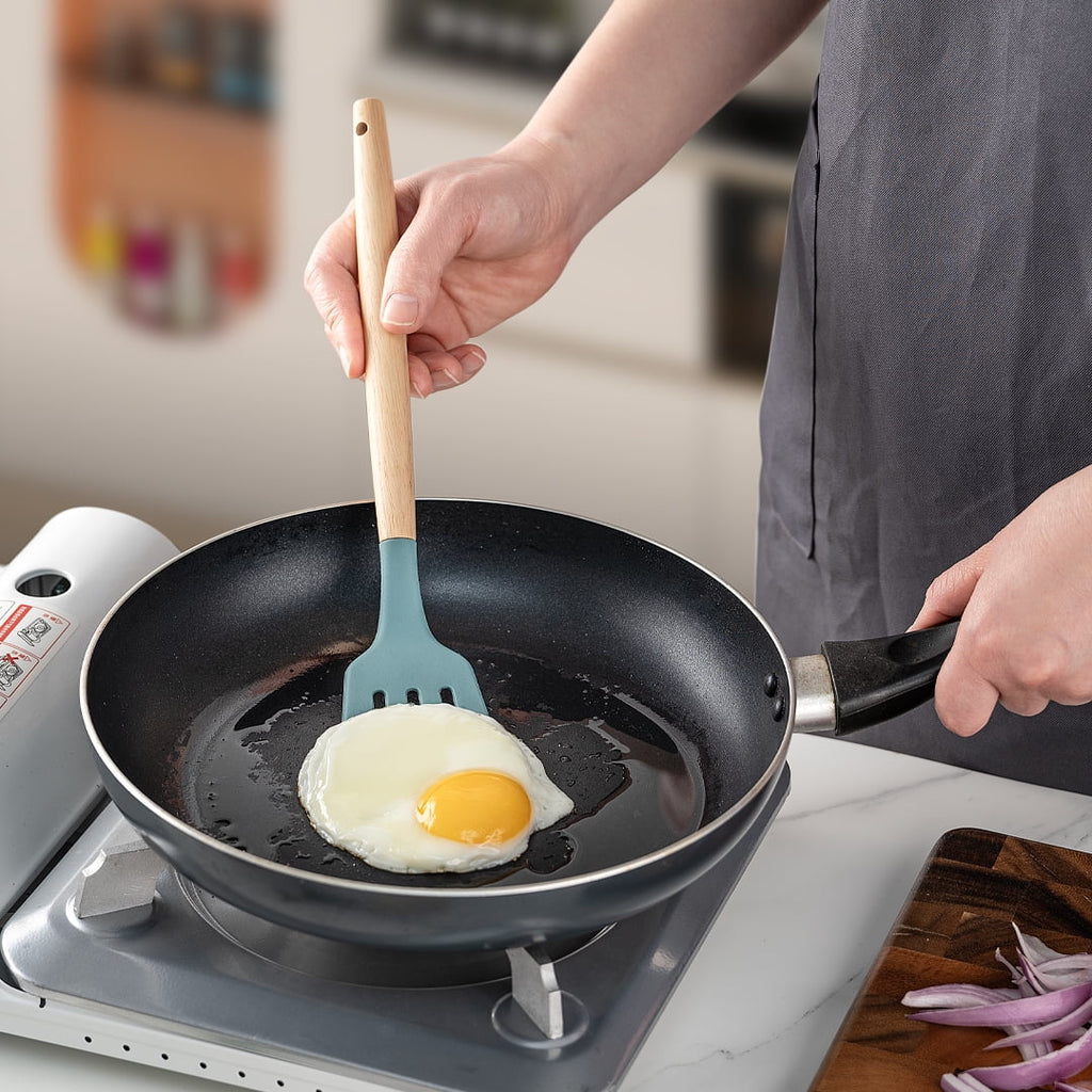 Heat-Resistant Small Silicone Cooking Utensils with Holder Set (12Pack), Aqua Kitchen Tools with Wooden Handle for Nonstick... - Premium Stainless Steel Cooking Utensil for Non-Stick Pots Detail