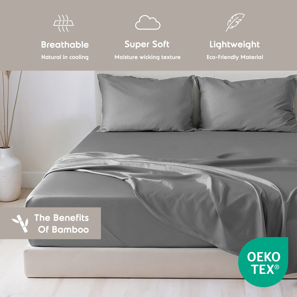 Cooling Sateen Virtu Bed Sheets Set, Deep Pocket Rayon Derived 4 Piece Queen Sheets sets, Gray - Cooling Hotel Quality Bedding Sheets and Pillowcases Detail